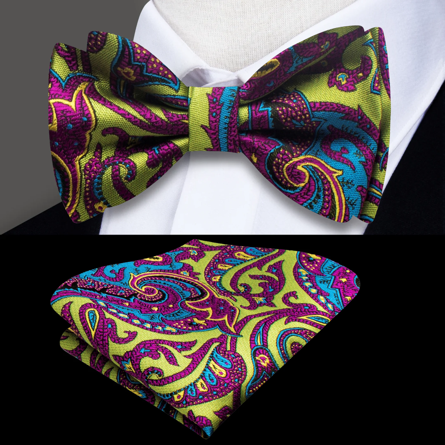 A Lime Green, Purple, Blue Detailed Paisley Pattern Self Tie Bow Tie, Matching Pocket Square