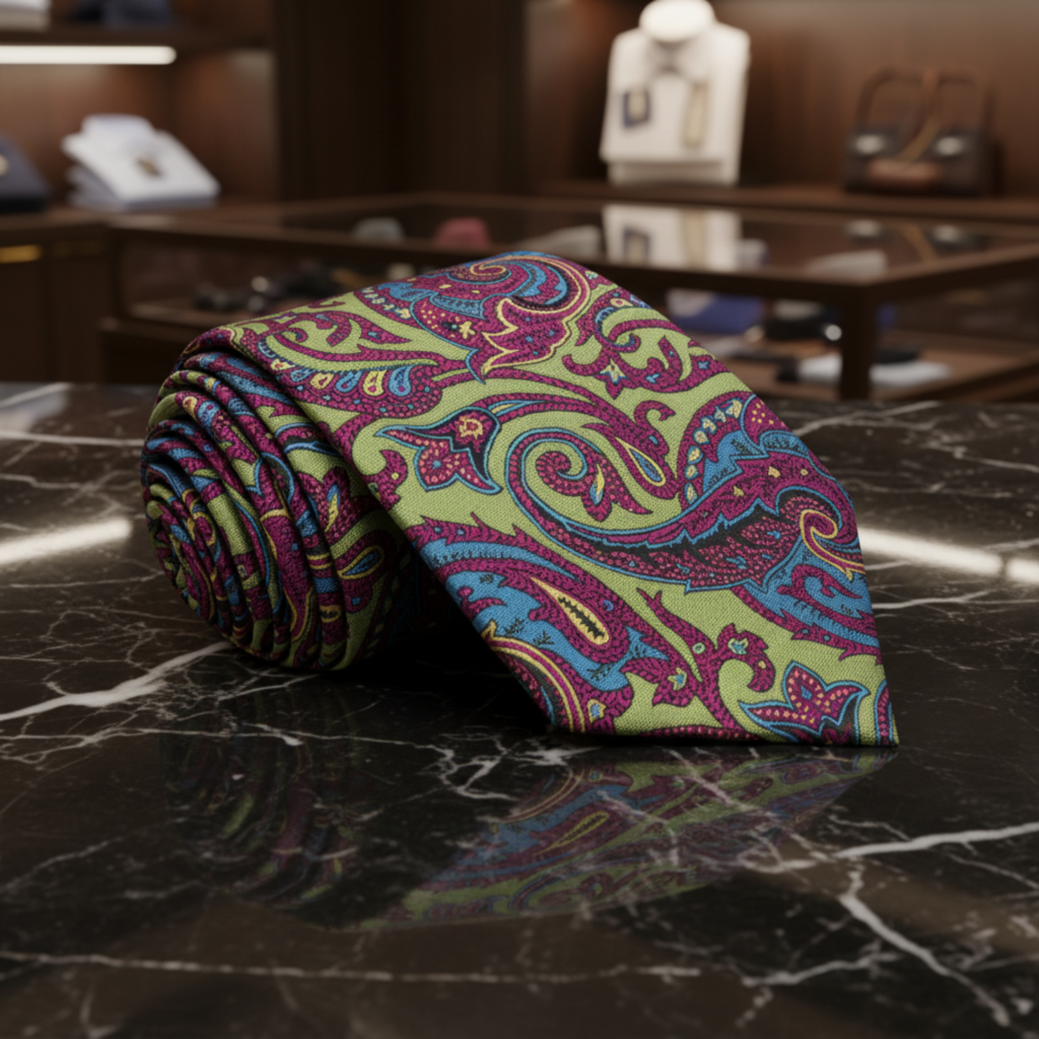 A rolled necktie featuring an intricate paisley pattern in purple, blue, and olive green on a white background.