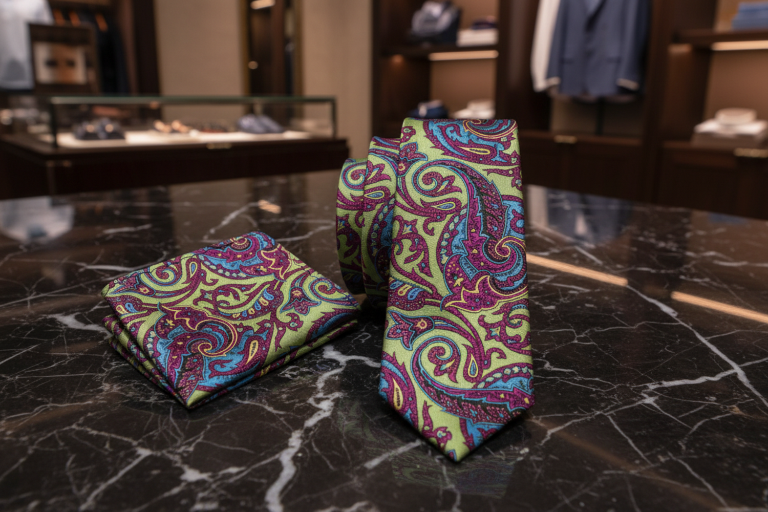Alt View: A Lime, Pink Intricate Paisley Pattern Necktie, Matching Pocket Square