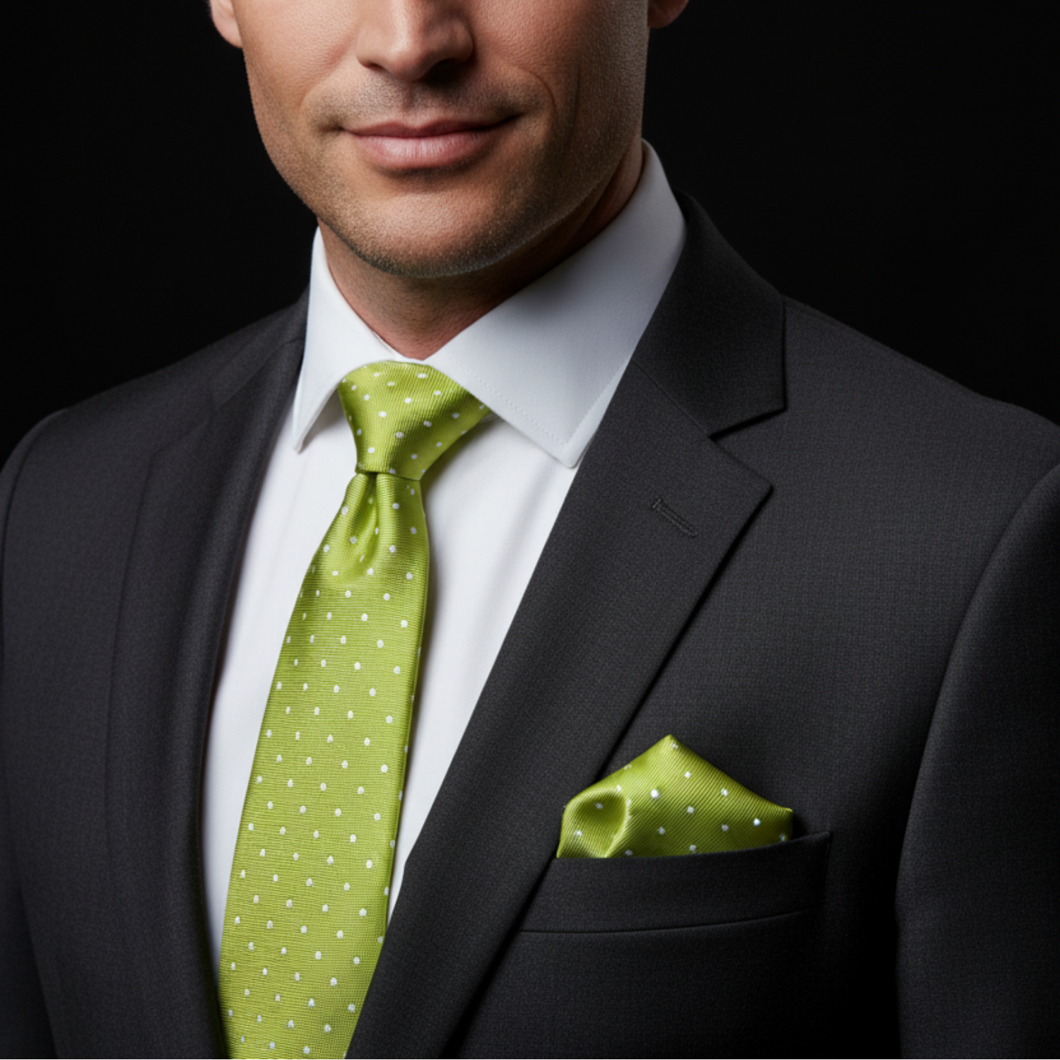 Man wearing a black suit with a green polka dot tie and pocket square against a black background