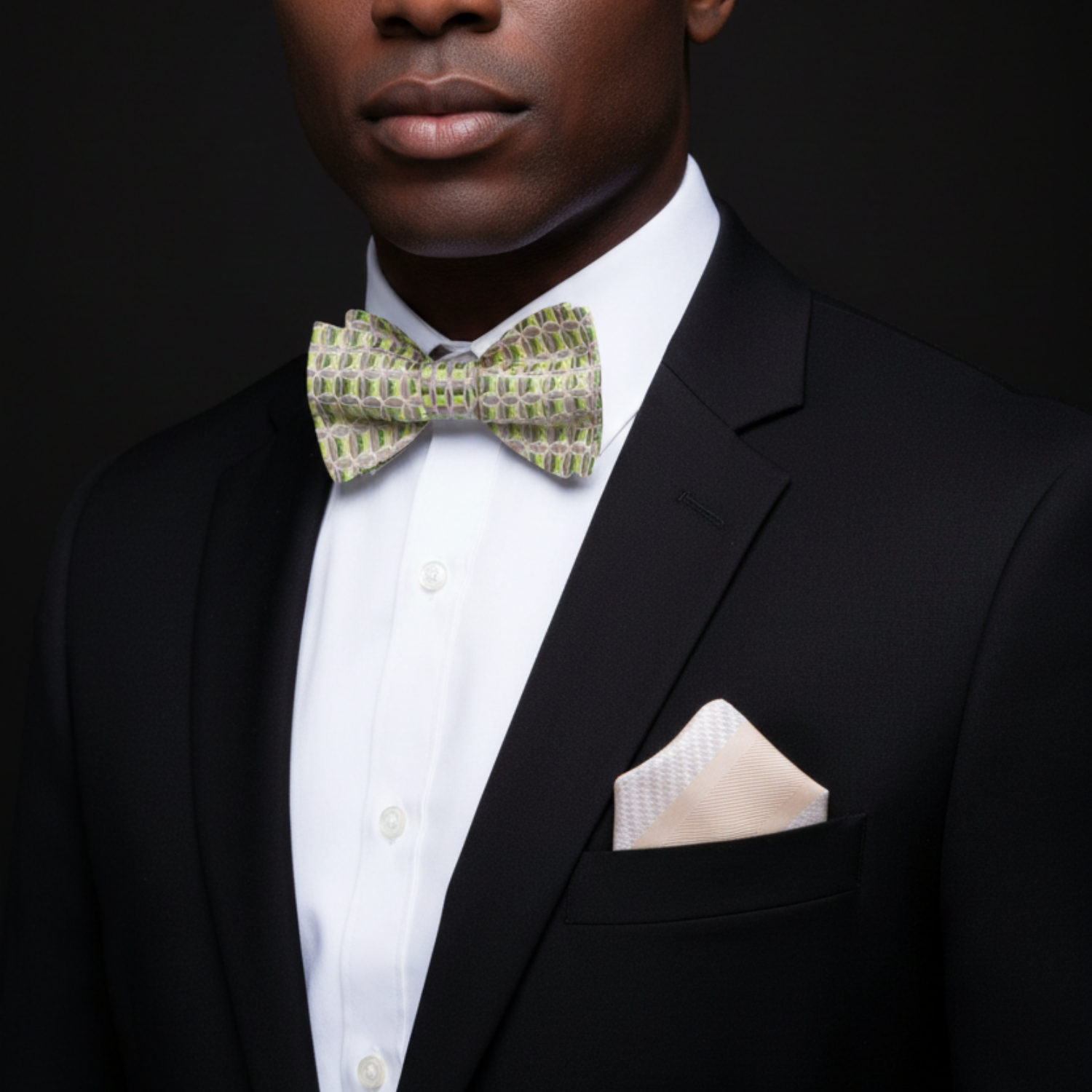 Man wearing geometric bow tie and accenting square