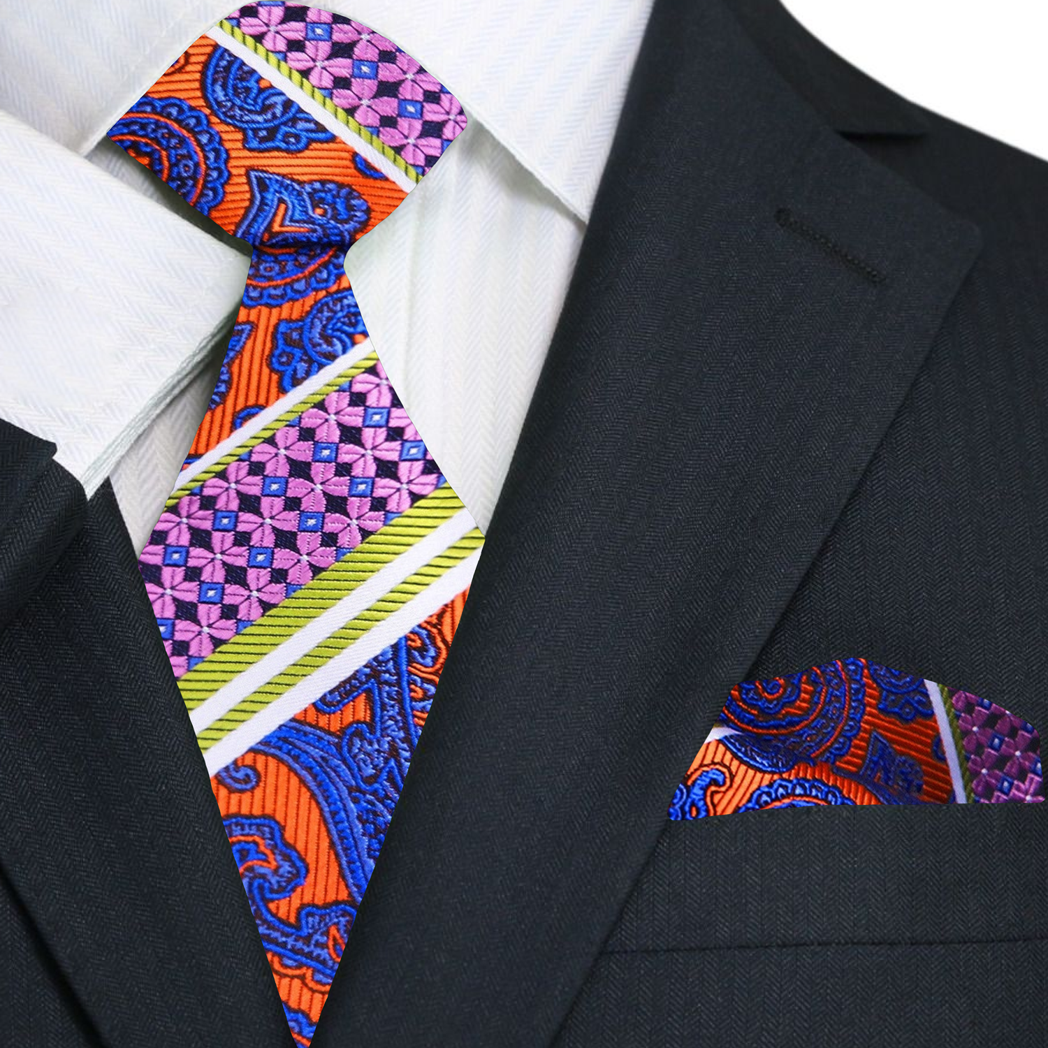 Premium A Lime, Orange, Purple, Blue Paisley Pattern Silk Necktie, Matching Pocket Square