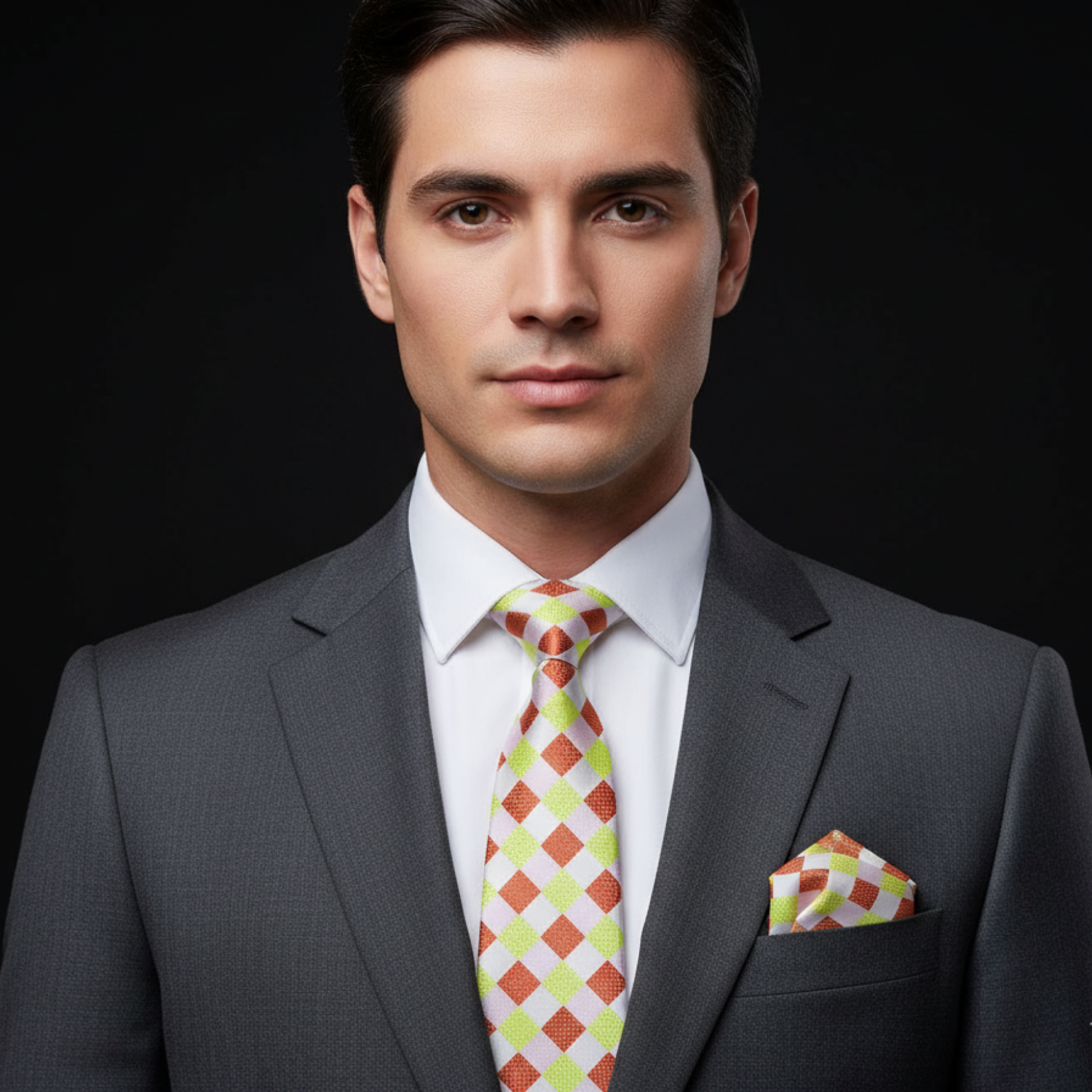 Man wearing a gray suit with a colorful tie and pocket square on a black background