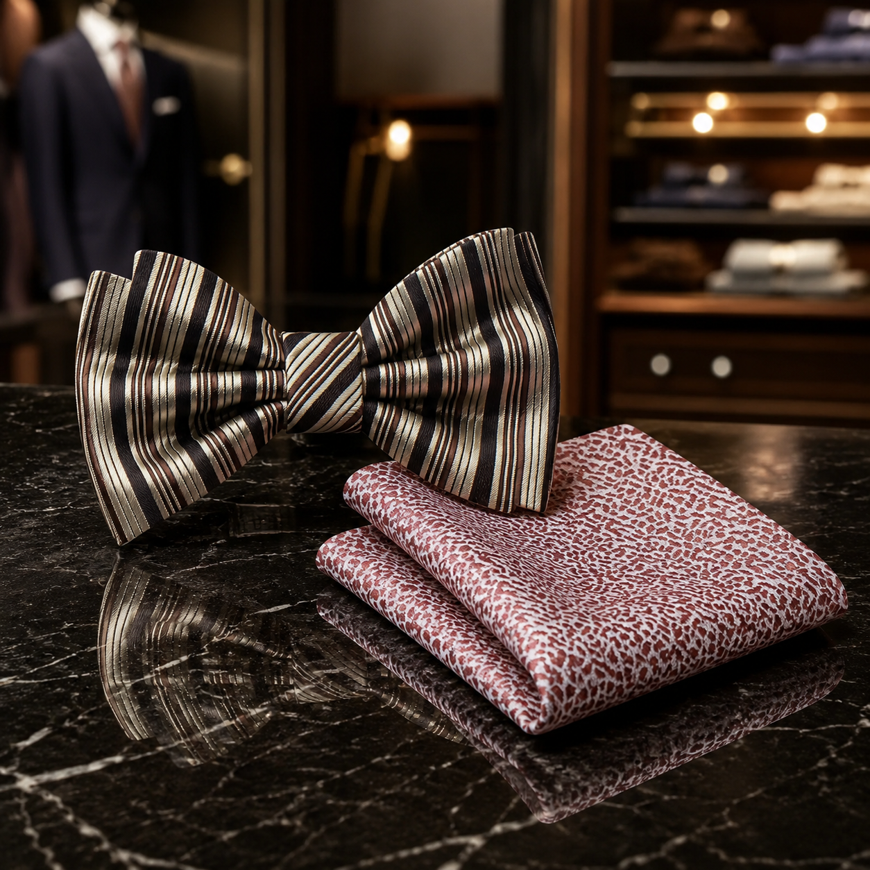 A striped bow tie in metallic silver, black, and gold tones, displayed next to a matching folded pocket square with a red and white abstract pattern on a dark marble surface.