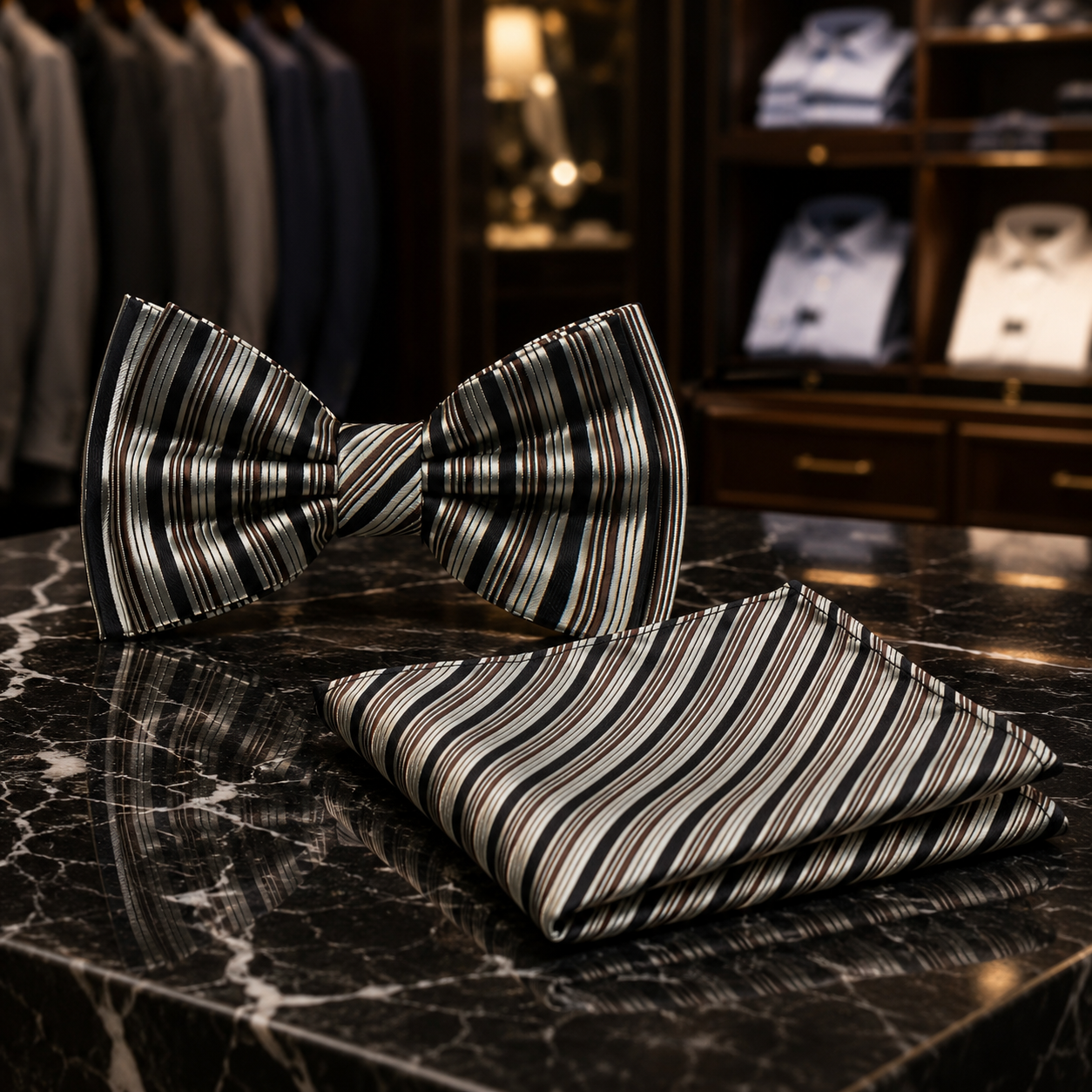 A matching men's formal accessory set featuring a striped bow tie and pocket square in black, white, and gray, displayed on a dark marble surface with a blurred boutique background.