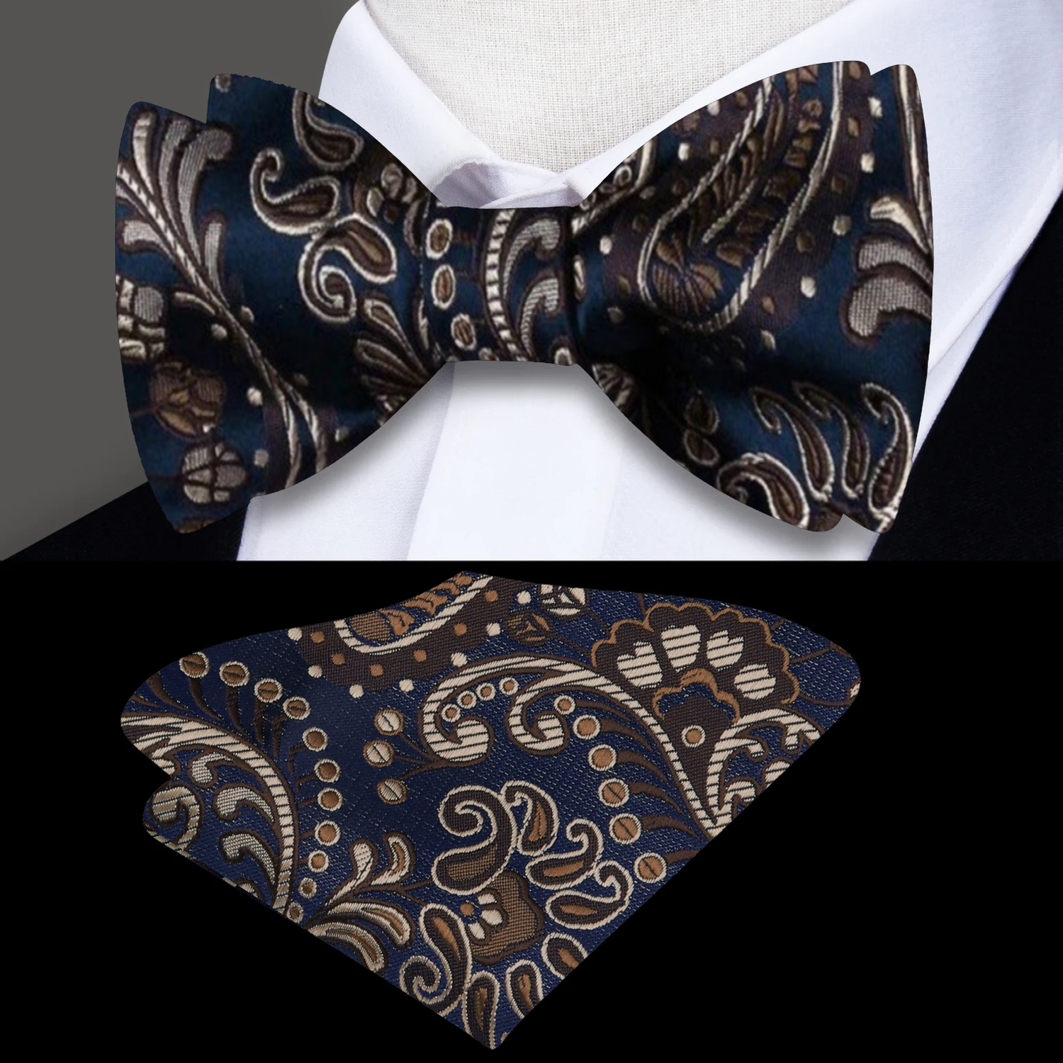 A Dark Blue, Brown Paisley Pattern Self Tie Bow Tie, Matching Pocket Square