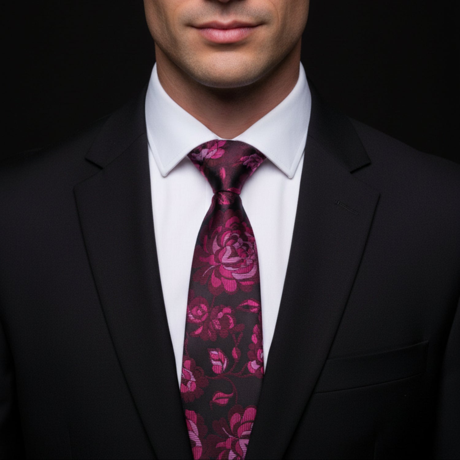 Man wearing a black suit with a white shirt and a pink floral tie on a black background