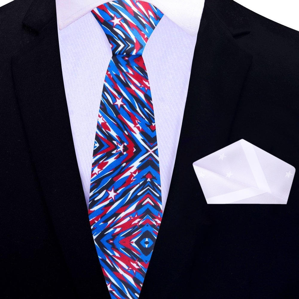 Thin Blue, Red, Black White Abstract Shapes And Stars Tie and White Pocket Square