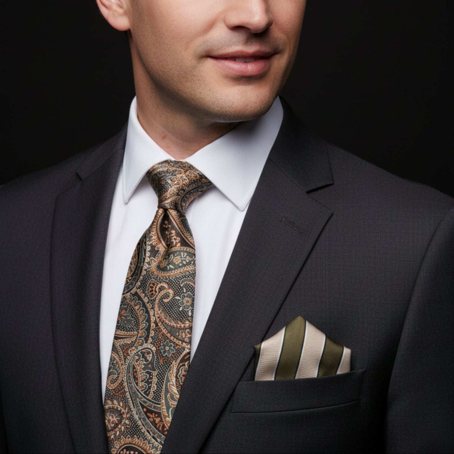 Man wearing a dark suit with a patterned tie and pocket square on a black background