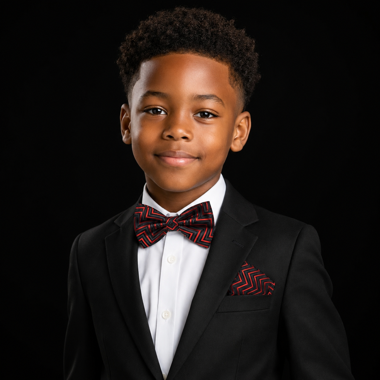 black red chevron bow tie and square on boy wearing suit