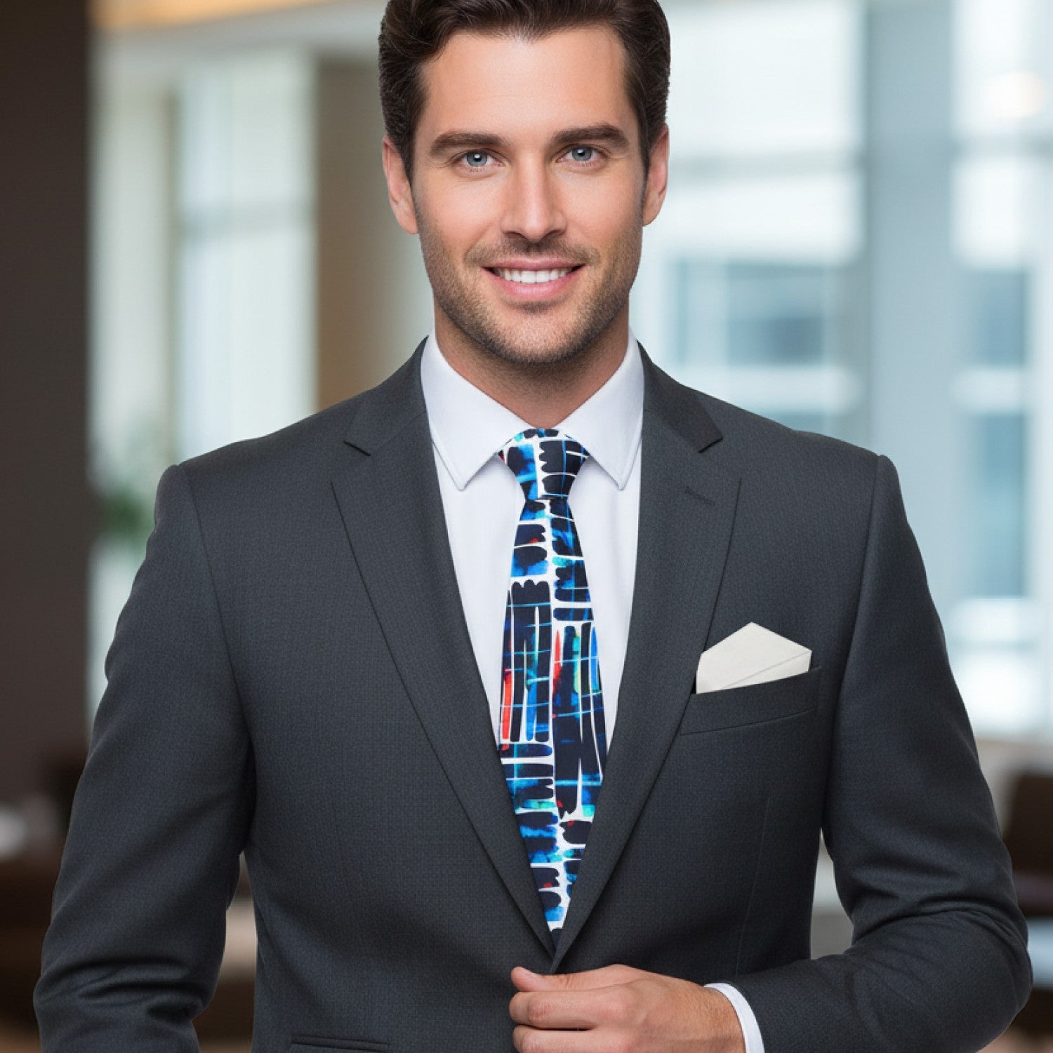 Man wearing a dark suit with a colorful tie in an indoor setting
