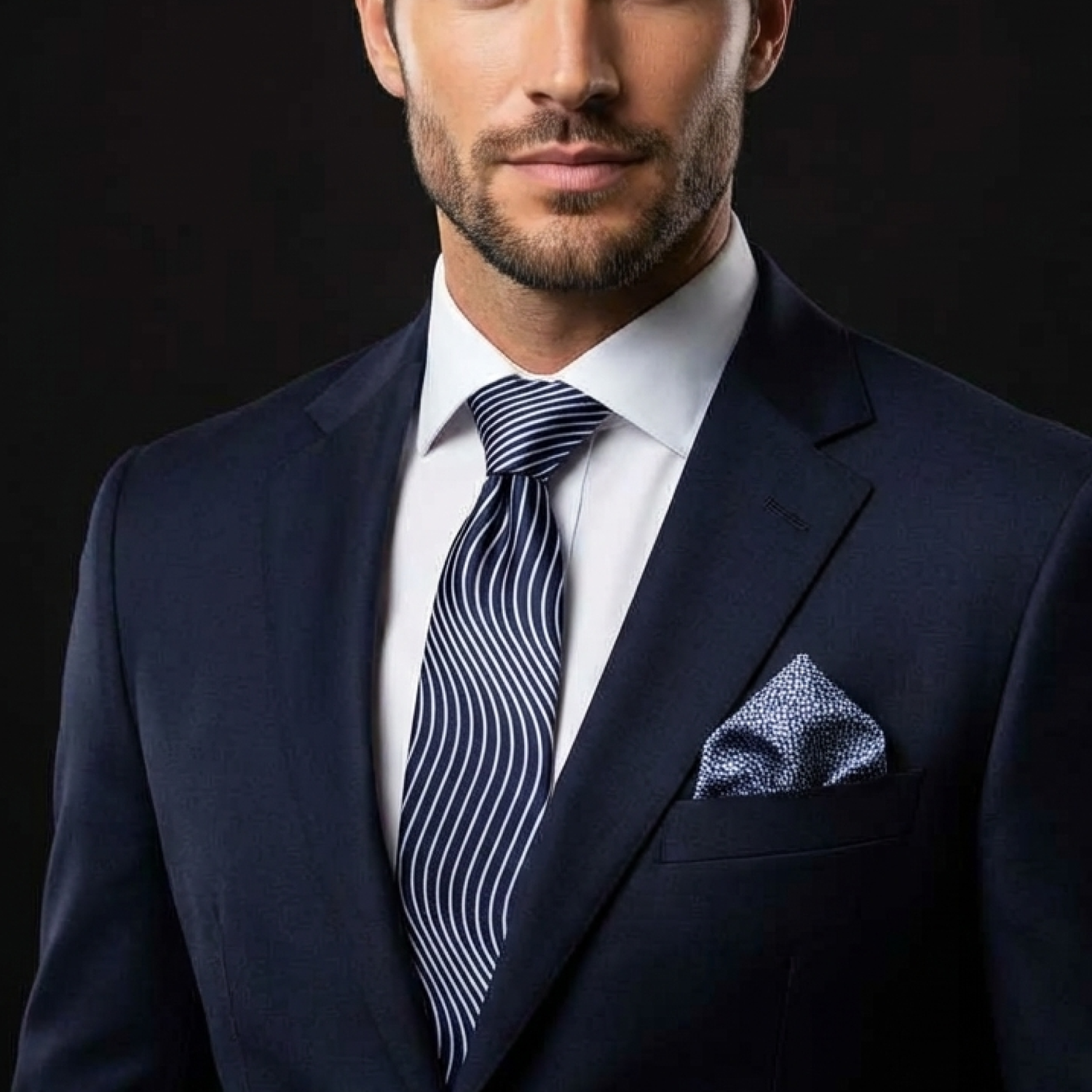 Man wearing a navy suit with a patterned tie and pocket square on a black background
