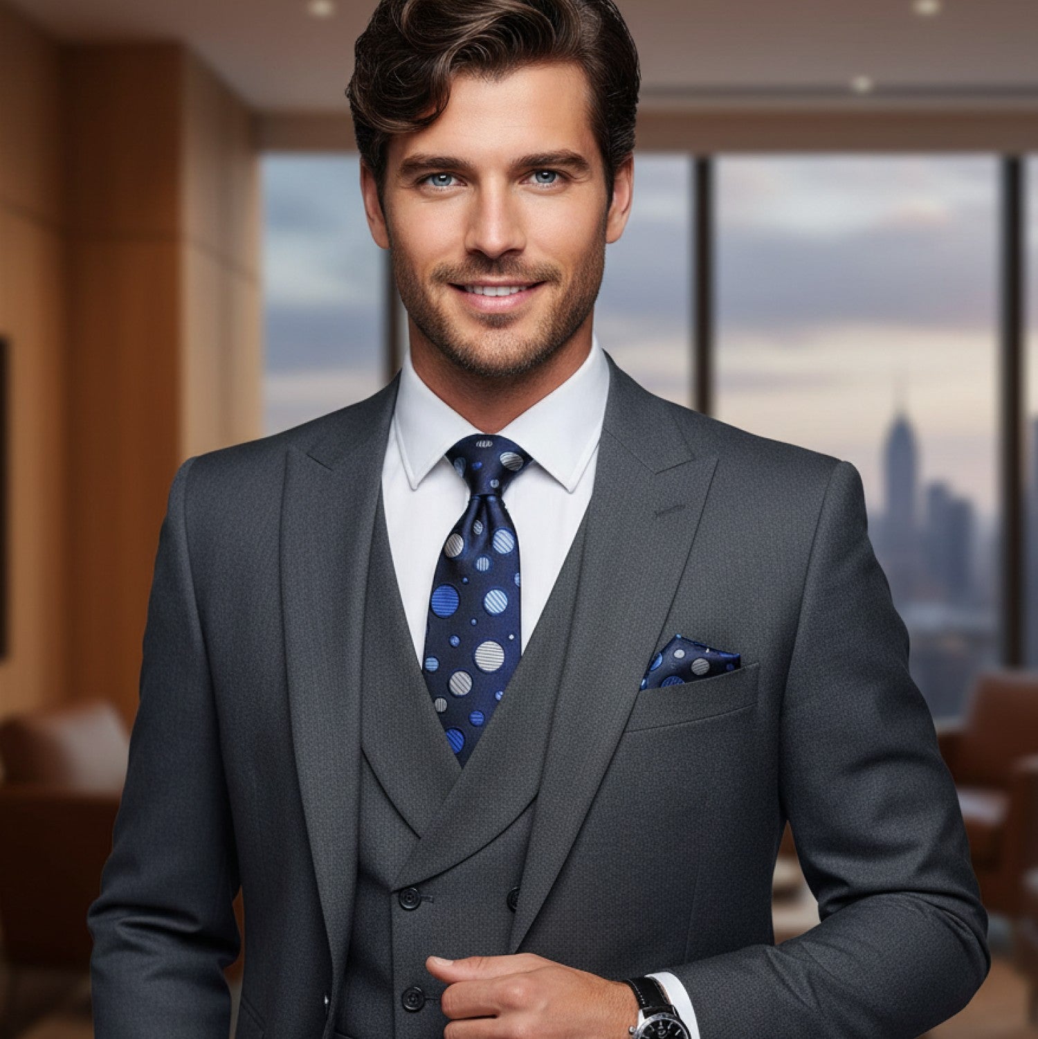 Man wearing a gray suit with a blue tie in an indoor setting