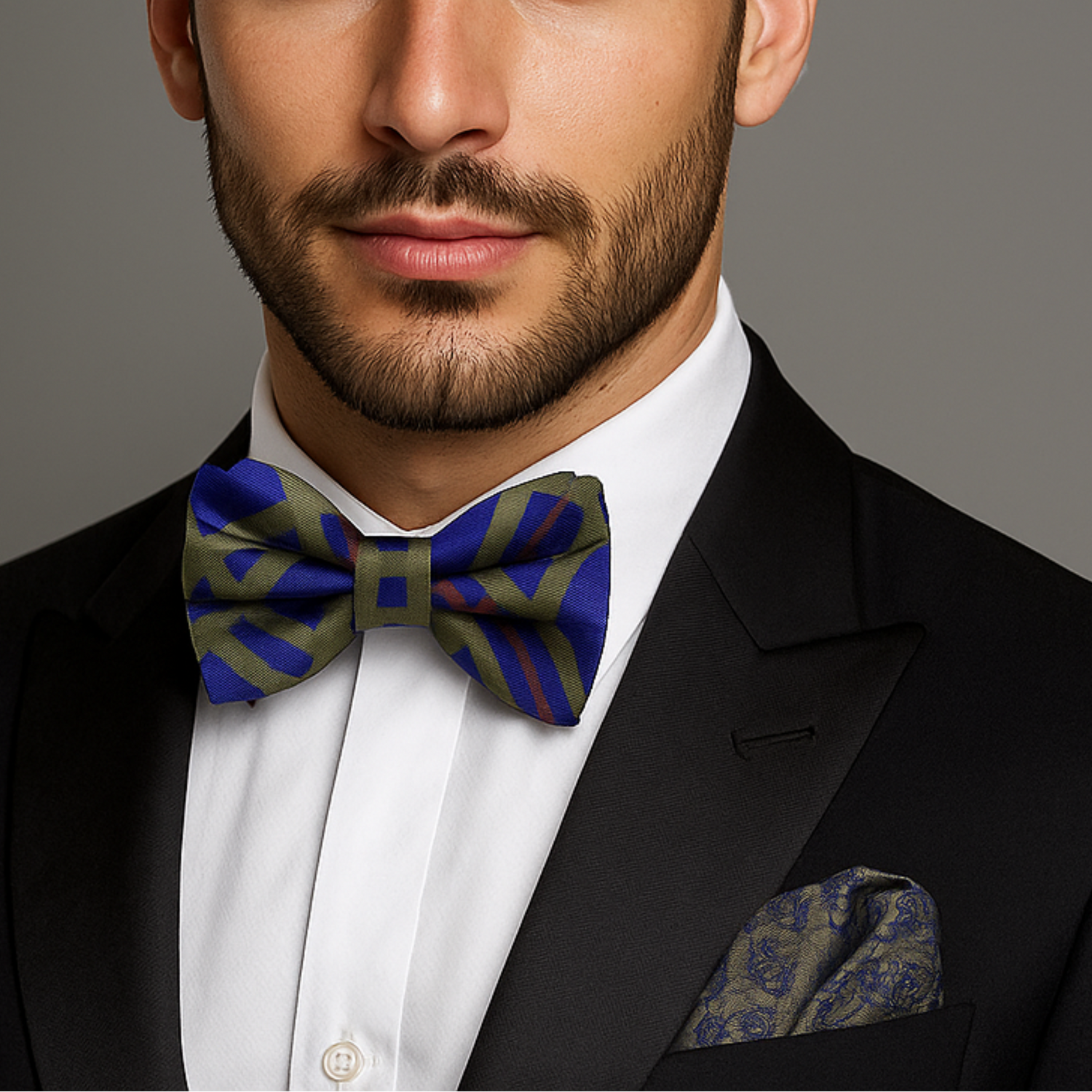 Man wearing a black suit with a colorful bow tie and pocket square on a gray background