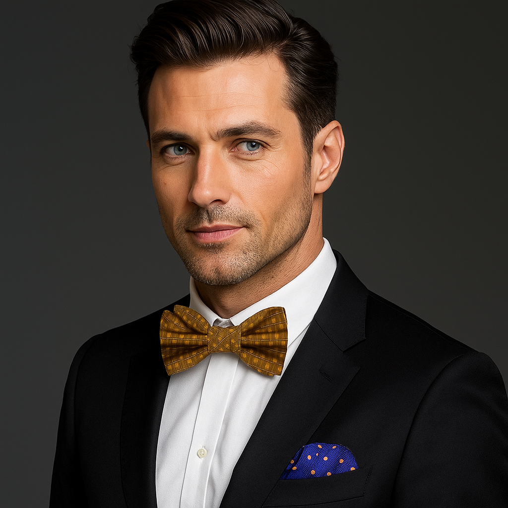 Man wearing a black suit with a gold bow tie and blue pocket square on a dark background