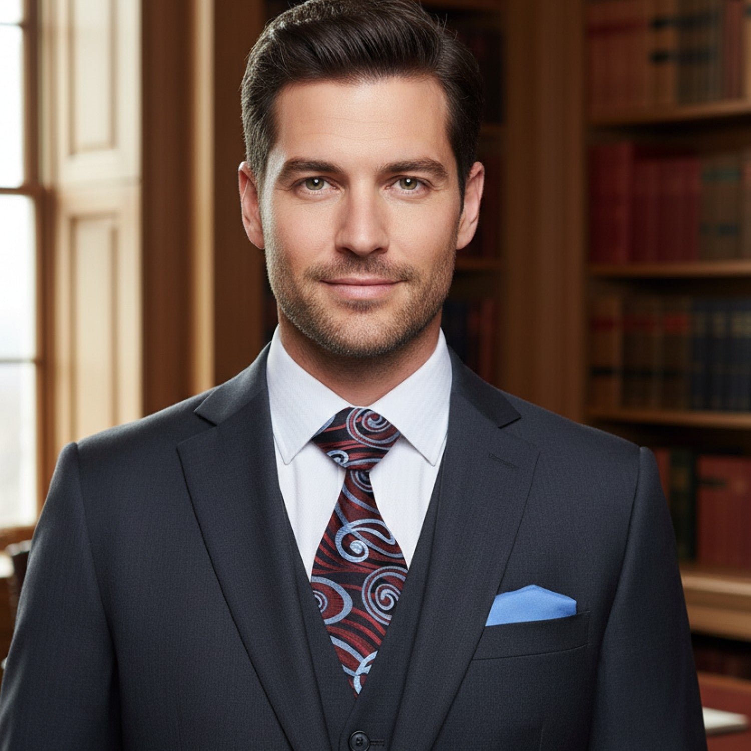 Man in a suit with a patterned tie and blue pocket square in an office setting
