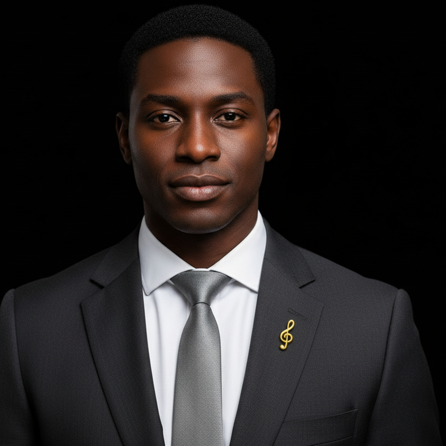 Man wearing a blue suit with a gray tie and gold brooch against a gray background
