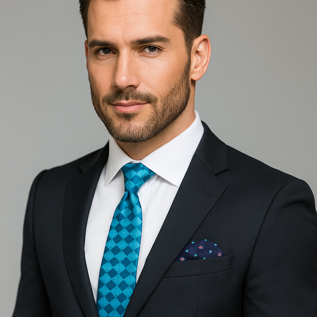 Main Premium Rich Cyan Blue Geometric Diamonds Tie and Accenting Floral Square