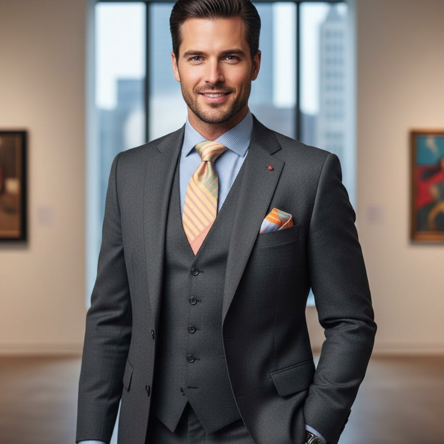 Peach, Olive & Blue Abstract Geometric Necktie with Pocket Square Option