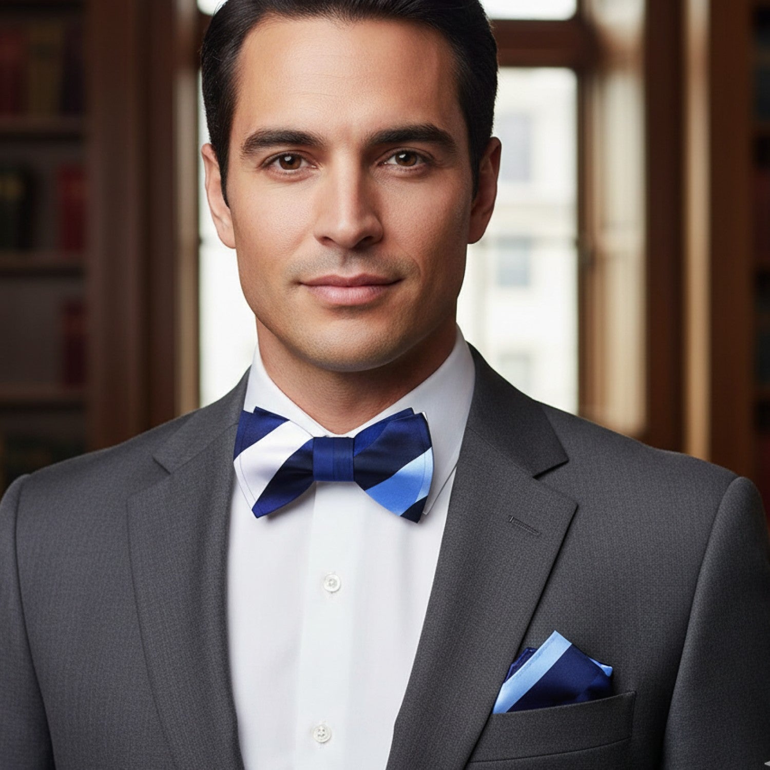 Man wearing a gray suit with a blue bow tie and pocket square indoors.
