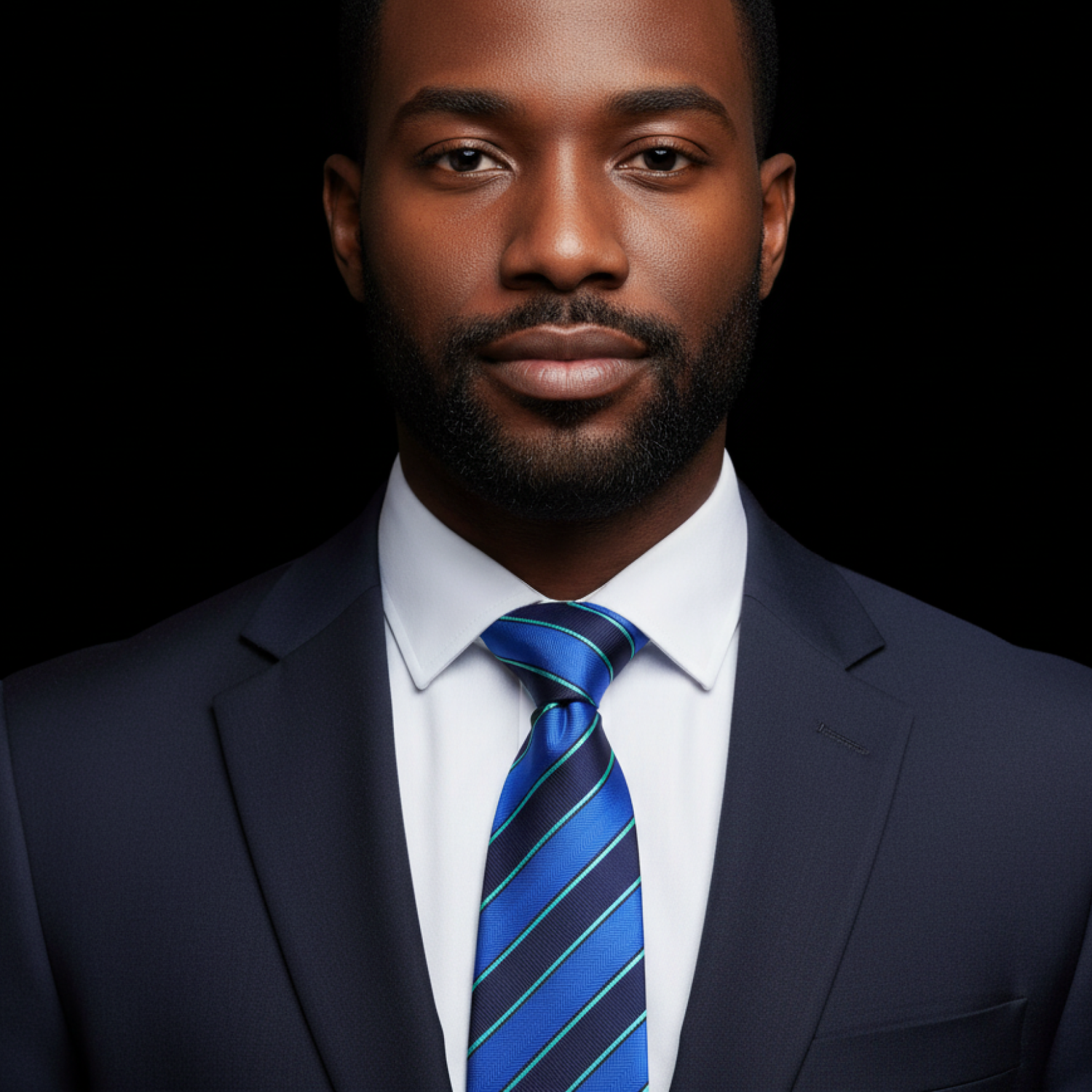 Man wearing a dark suit with a blue striped tie against a black background