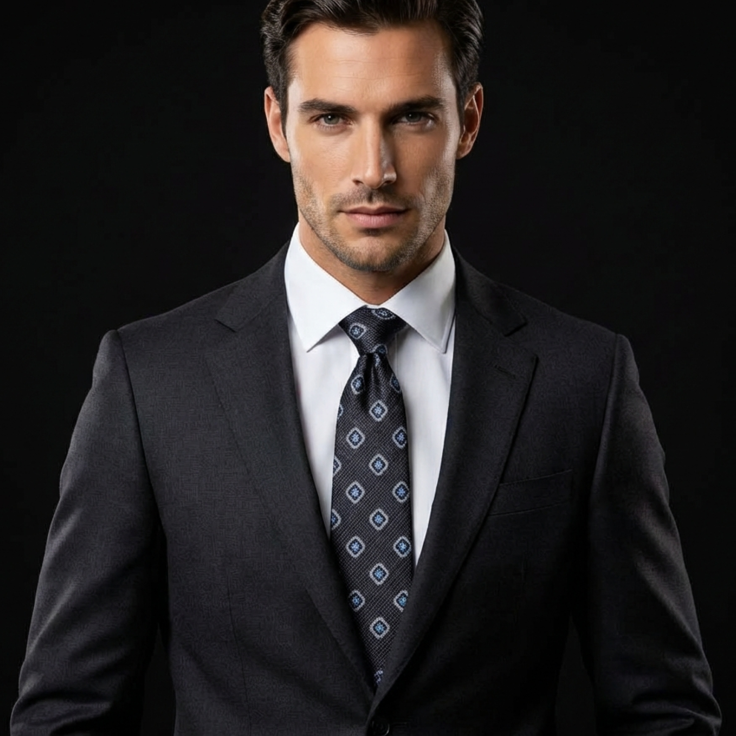 Charcoal Geometric Tie on Man with Suit