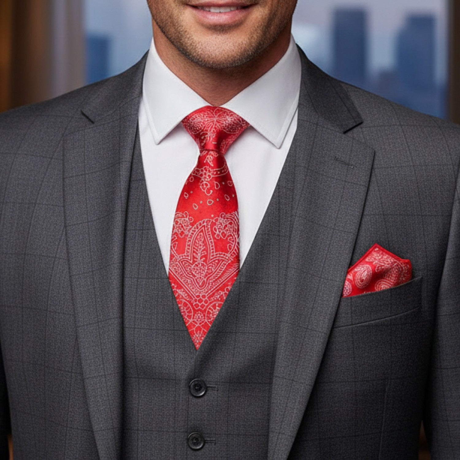 Man wearing a gray suit with a red paisley tie and pocket square.