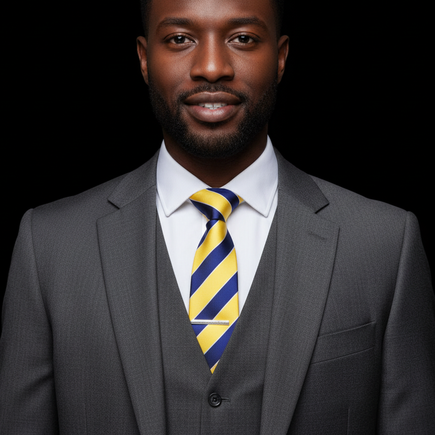 Man wearing yellow and blue stripe tie