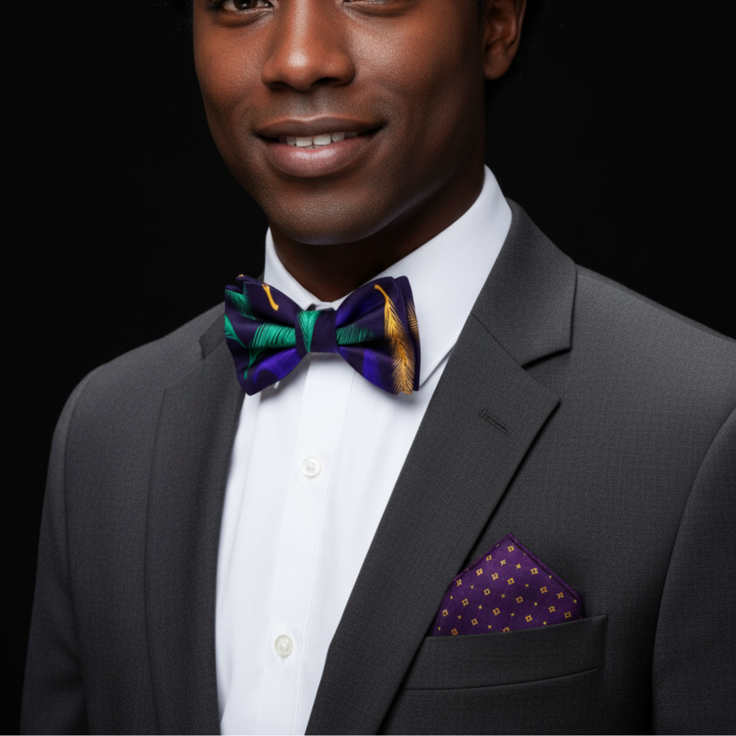 Man wearing a gray suit with a colorful bow tie and pocket square on a black background
