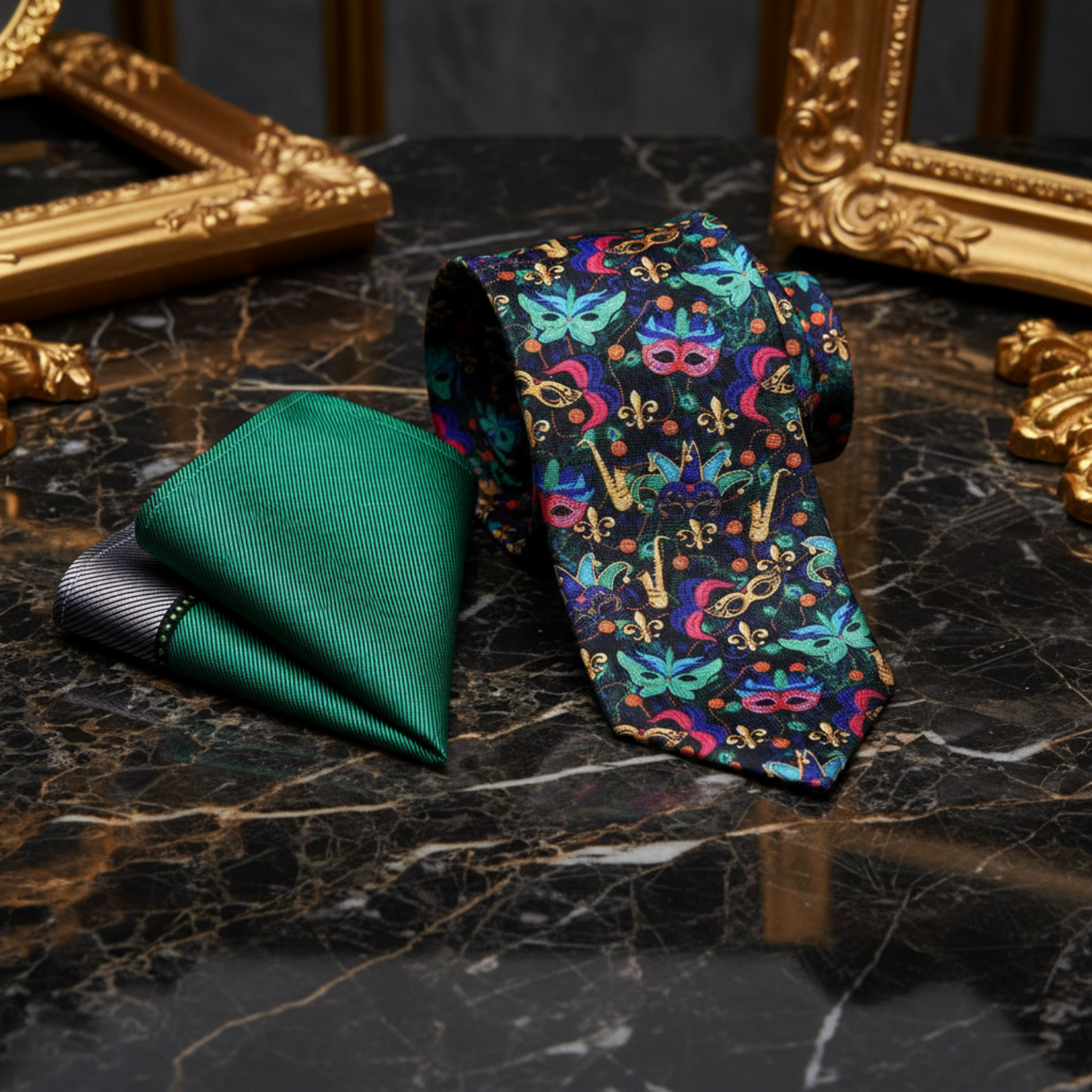 Alt Black, Blue, Green, Pink Mardi Gras Masks Tie and Accenting Square