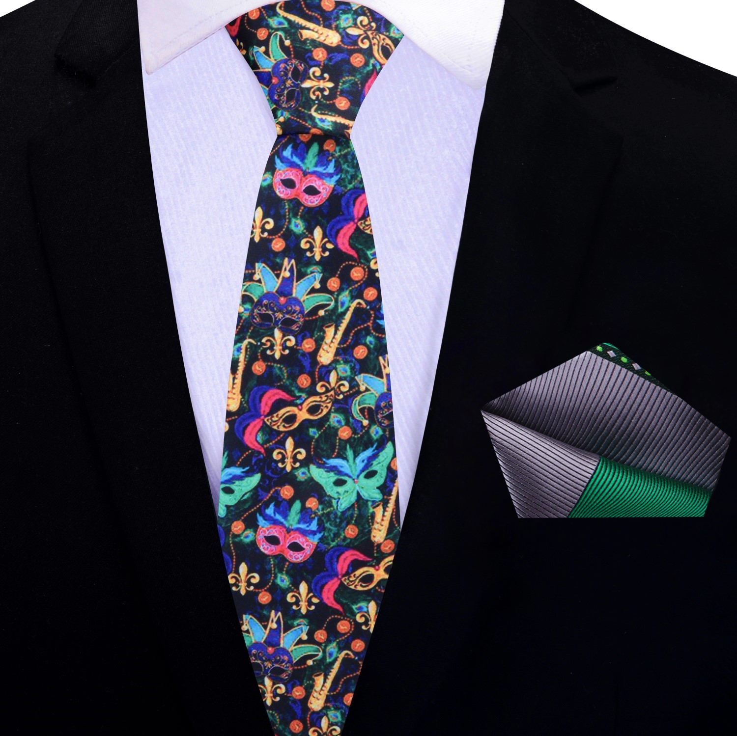 Thin Black, Blue, Green, Pink Mardi Gras Masks Tie and Accenting Square