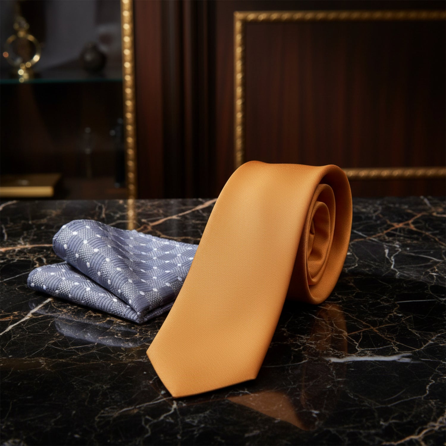 Alt View: Marigold Necktie with Grey Geometric Square