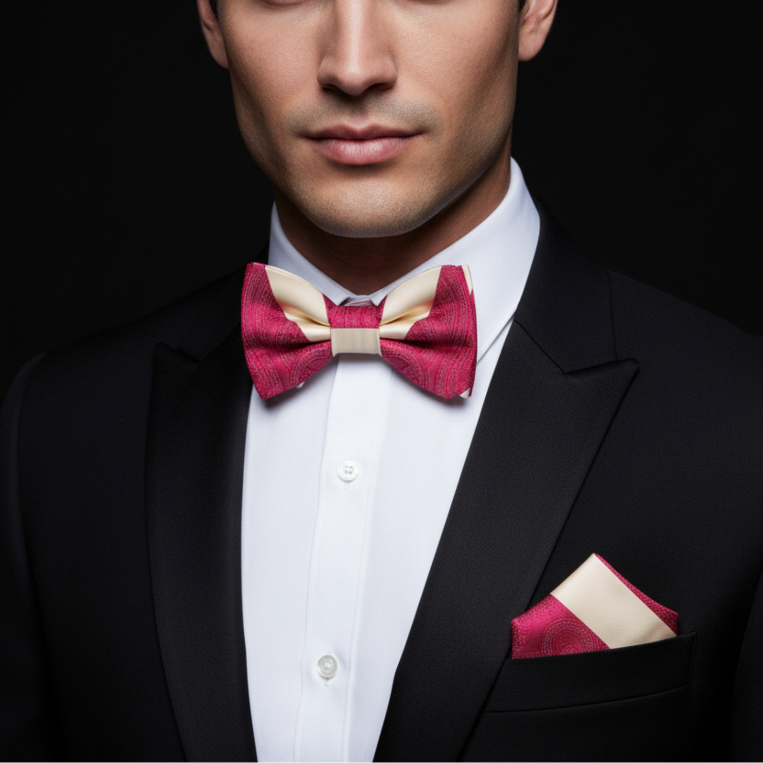 Man wearing a black tuxedo with a red and white bow tie and matching pocket square on a black background.