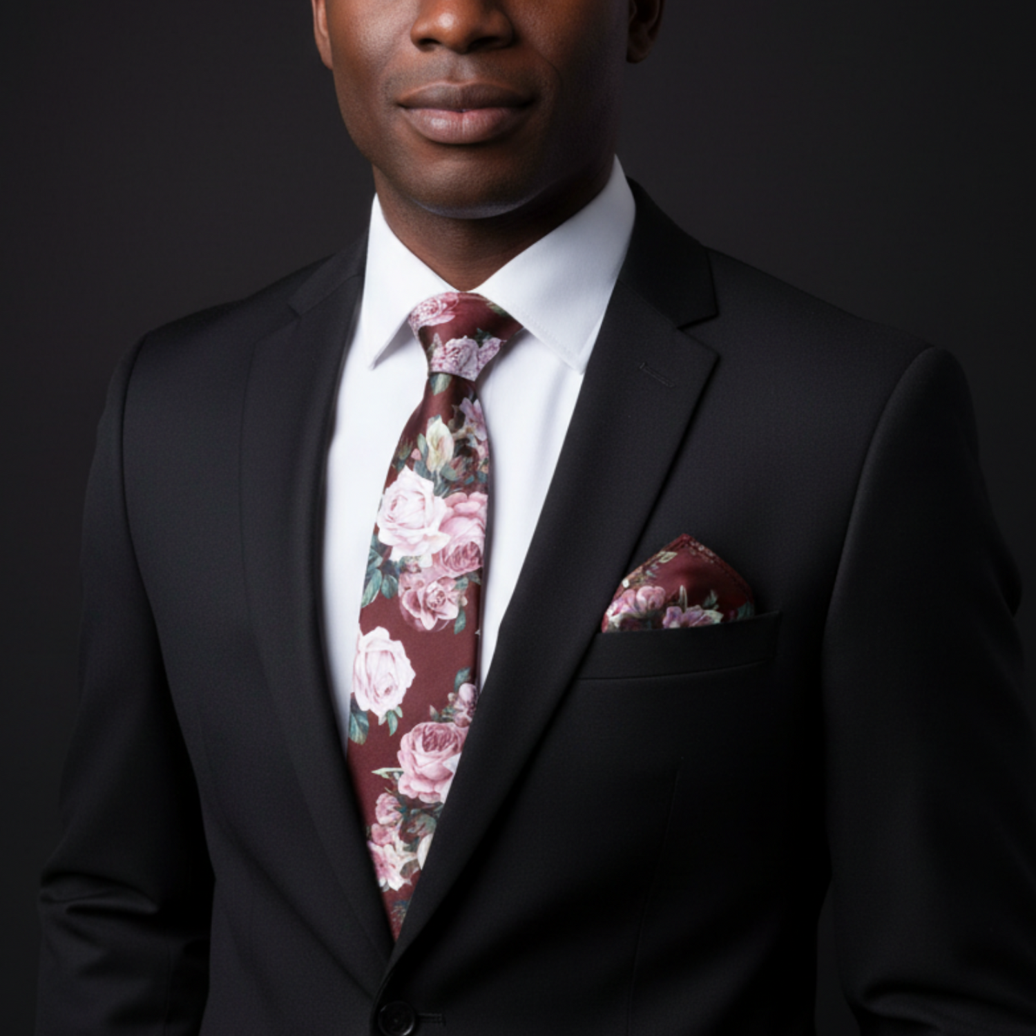 Man wearing a black suit with a floral tie and pocket square on a dark background