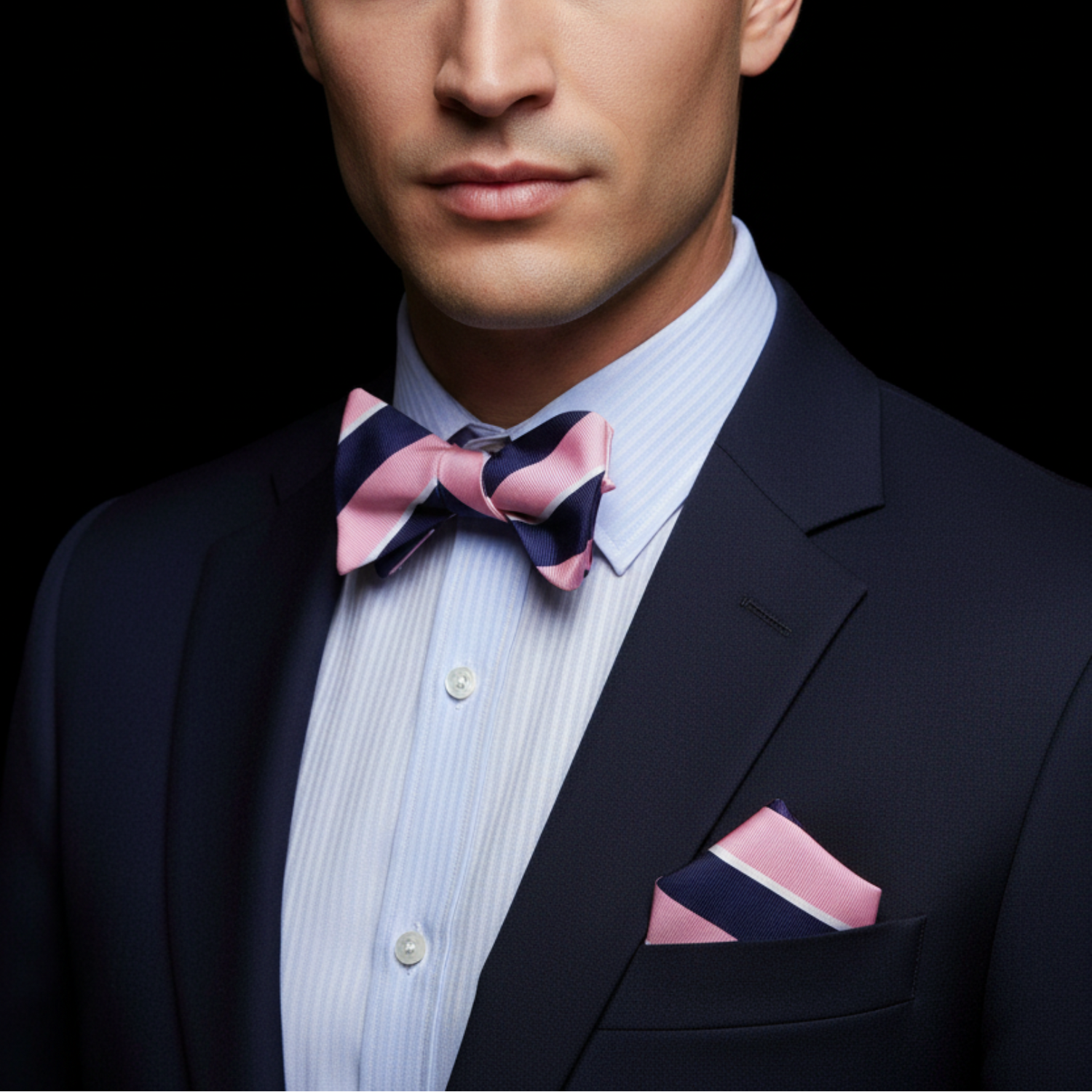 Blue, Pink Stripe Bow Tie and Square on Man