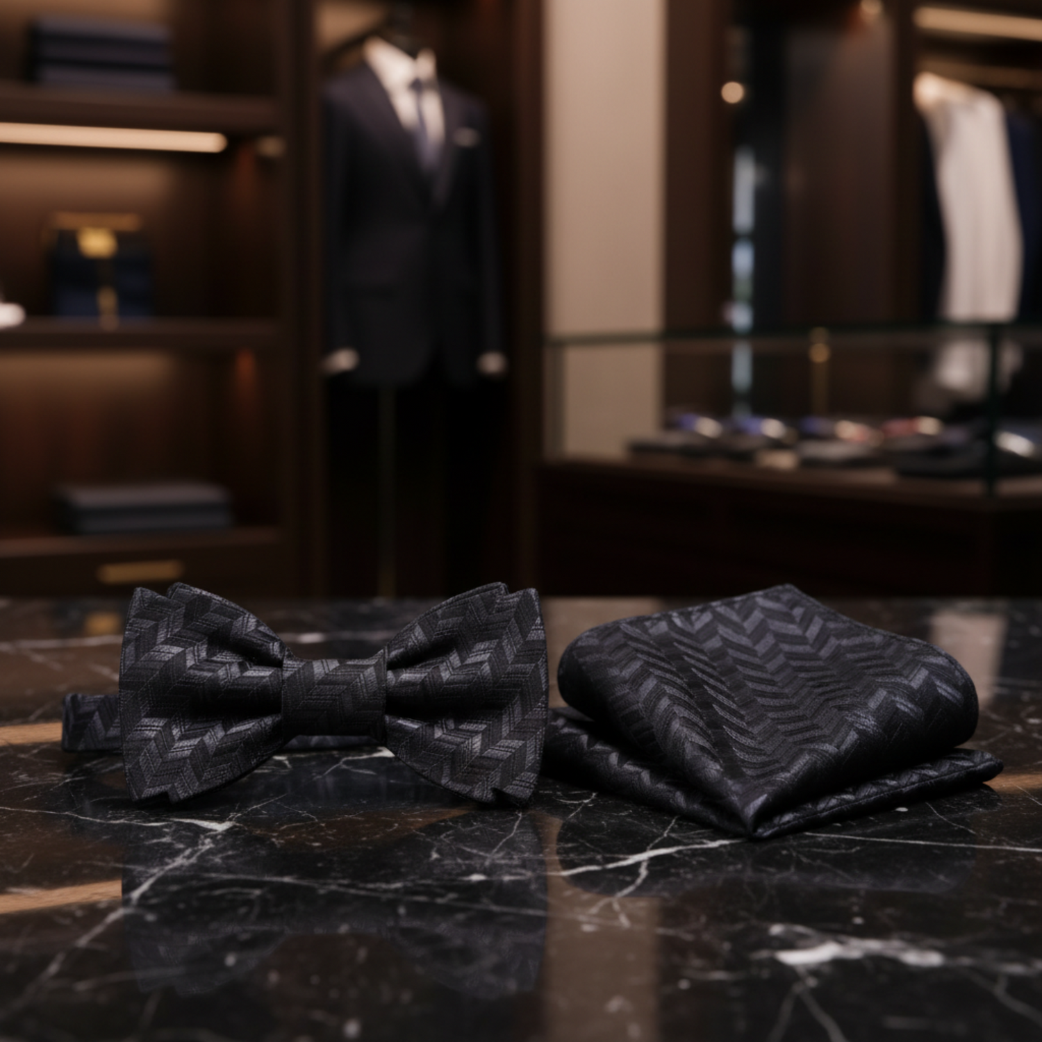 Metallic Black Cross Hatch Bow Tie and Square