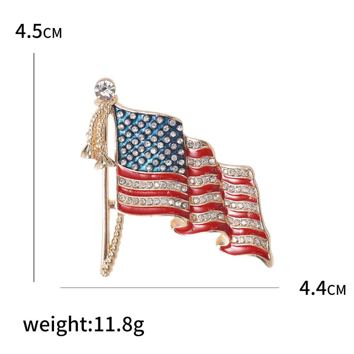 American flag brooch with measurements and weight on a white background