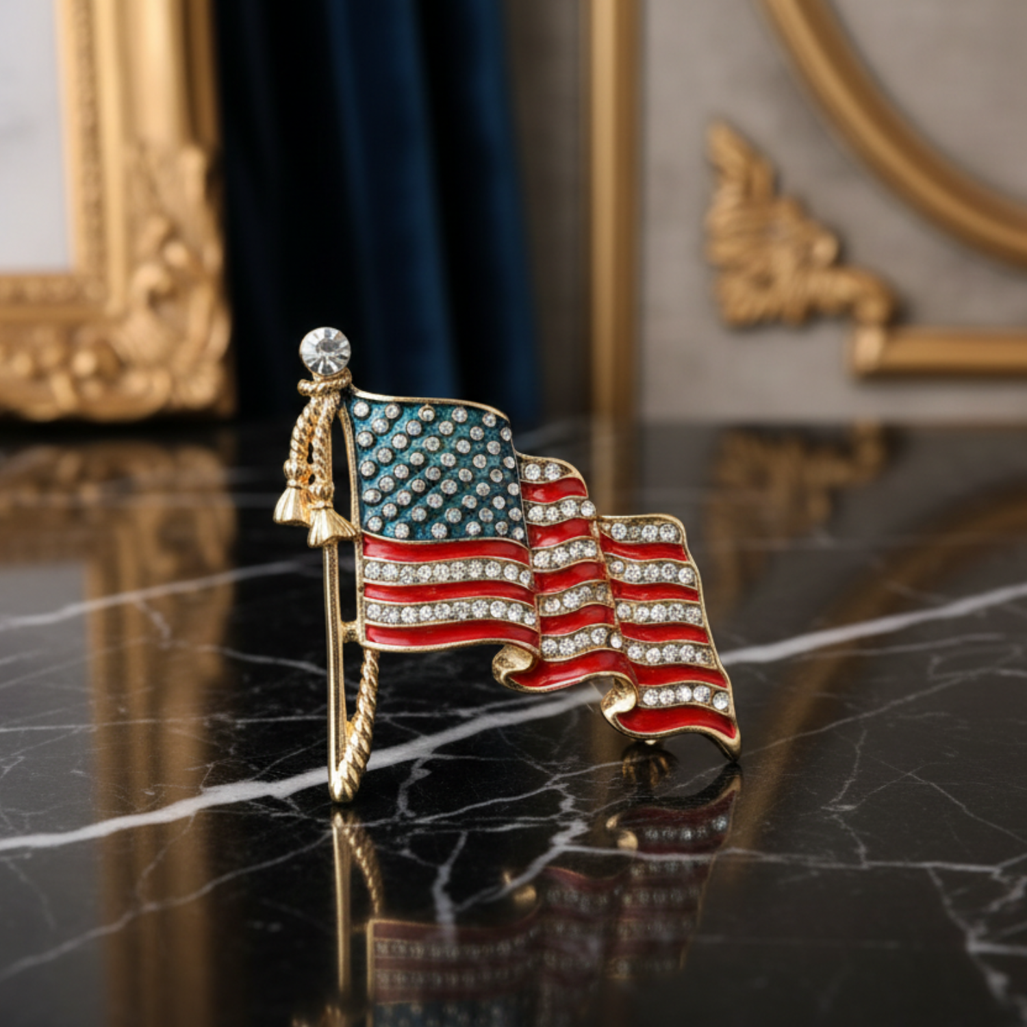 American flag brooch with crystals on a marble background