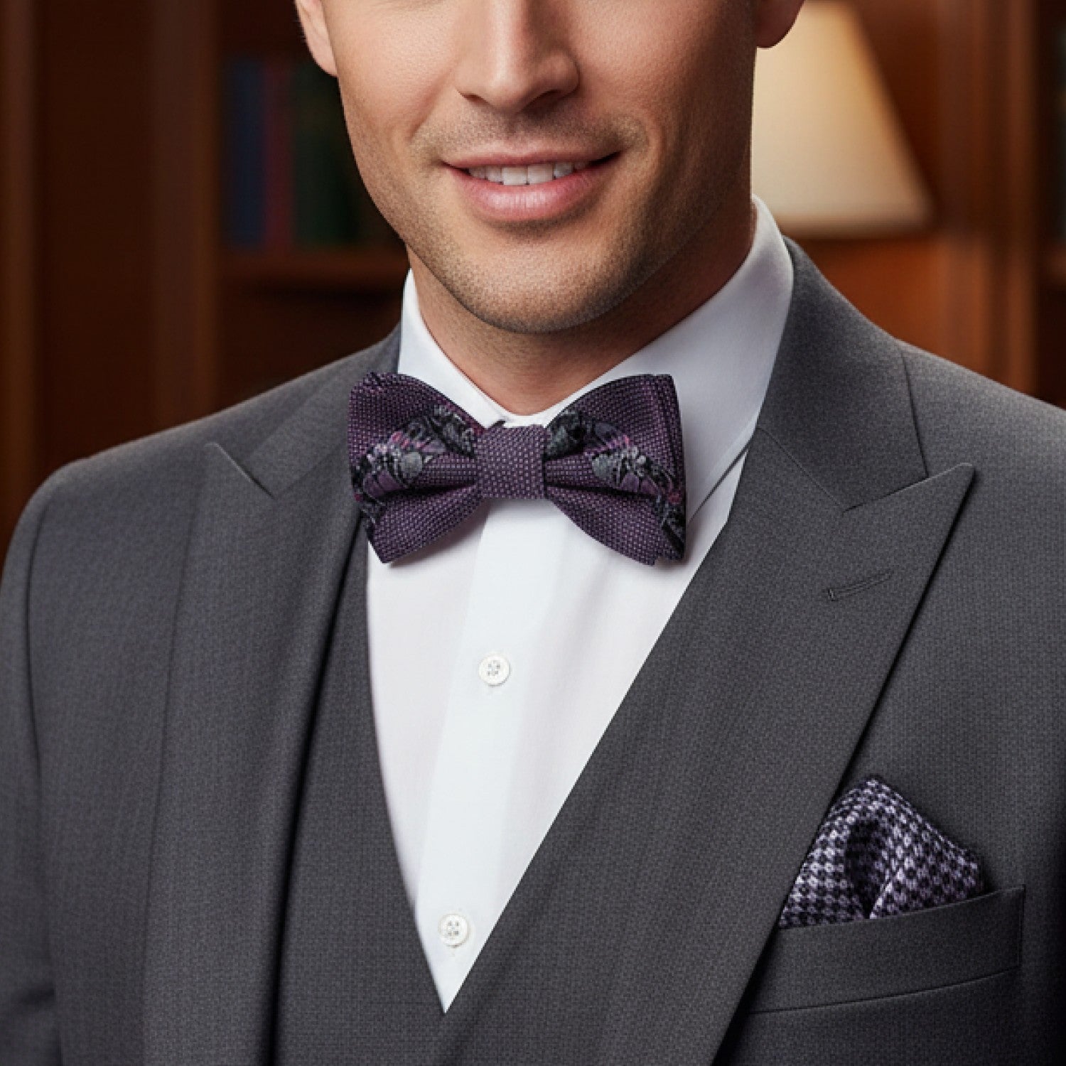 Man wearing a gray suit with a purple bow tie and pocket square indoors.