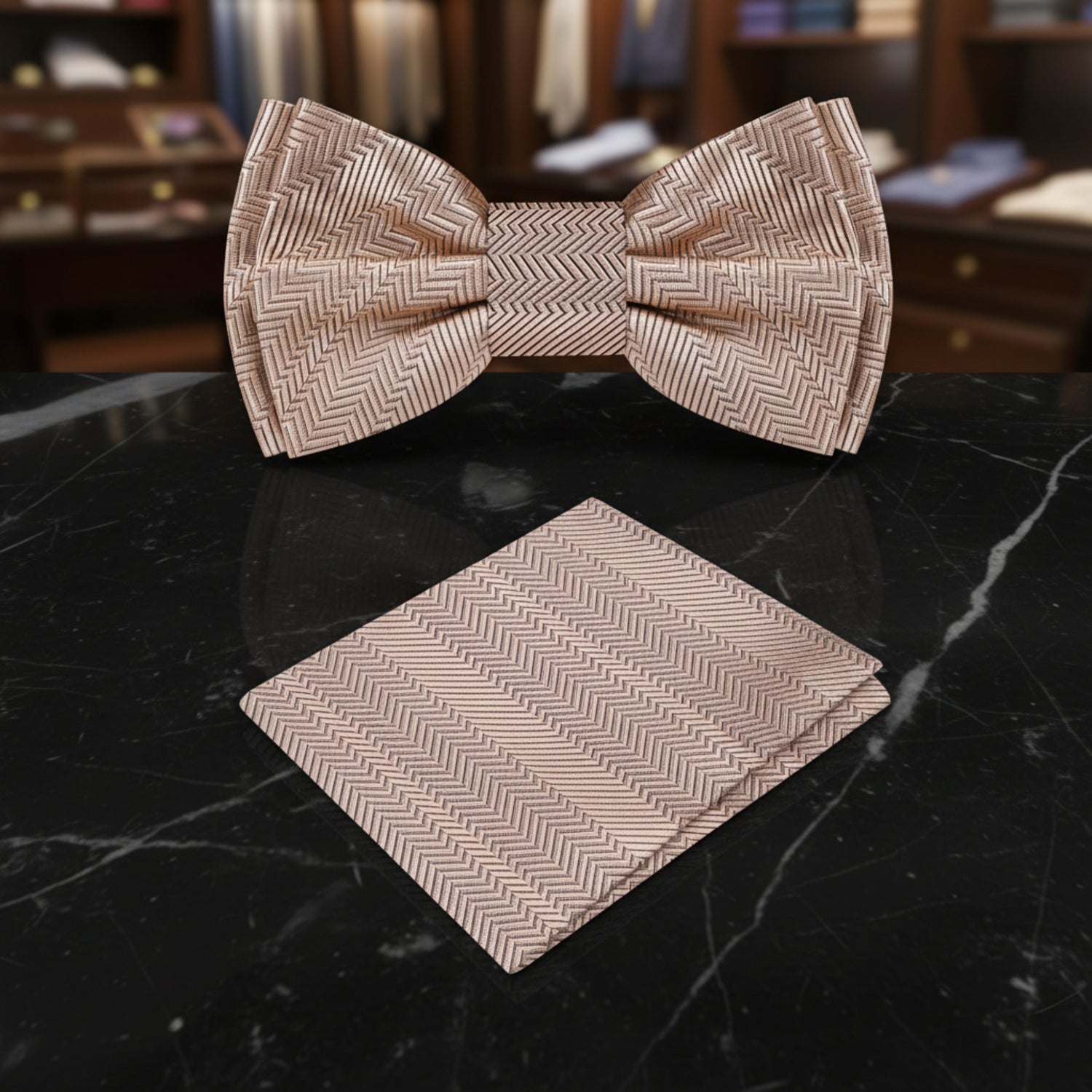 Boys Champagne Beige Herringbone Pre-Tied Bow Tie for Formal Outfits on table