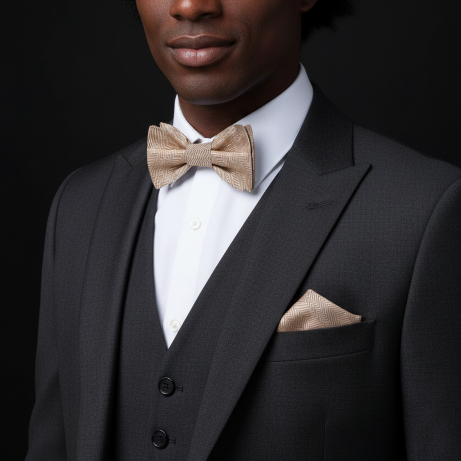 Man wearing a black suit with a beige bow tie and pocket square on a dark background