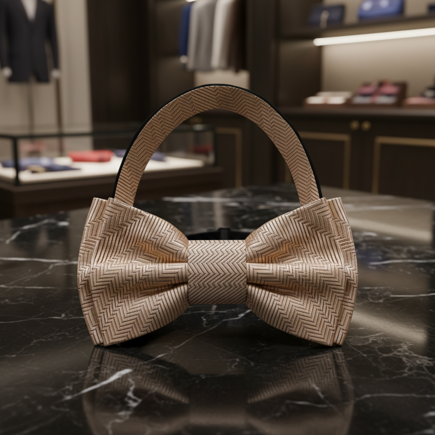 beige pre tied bow tie on marble table
