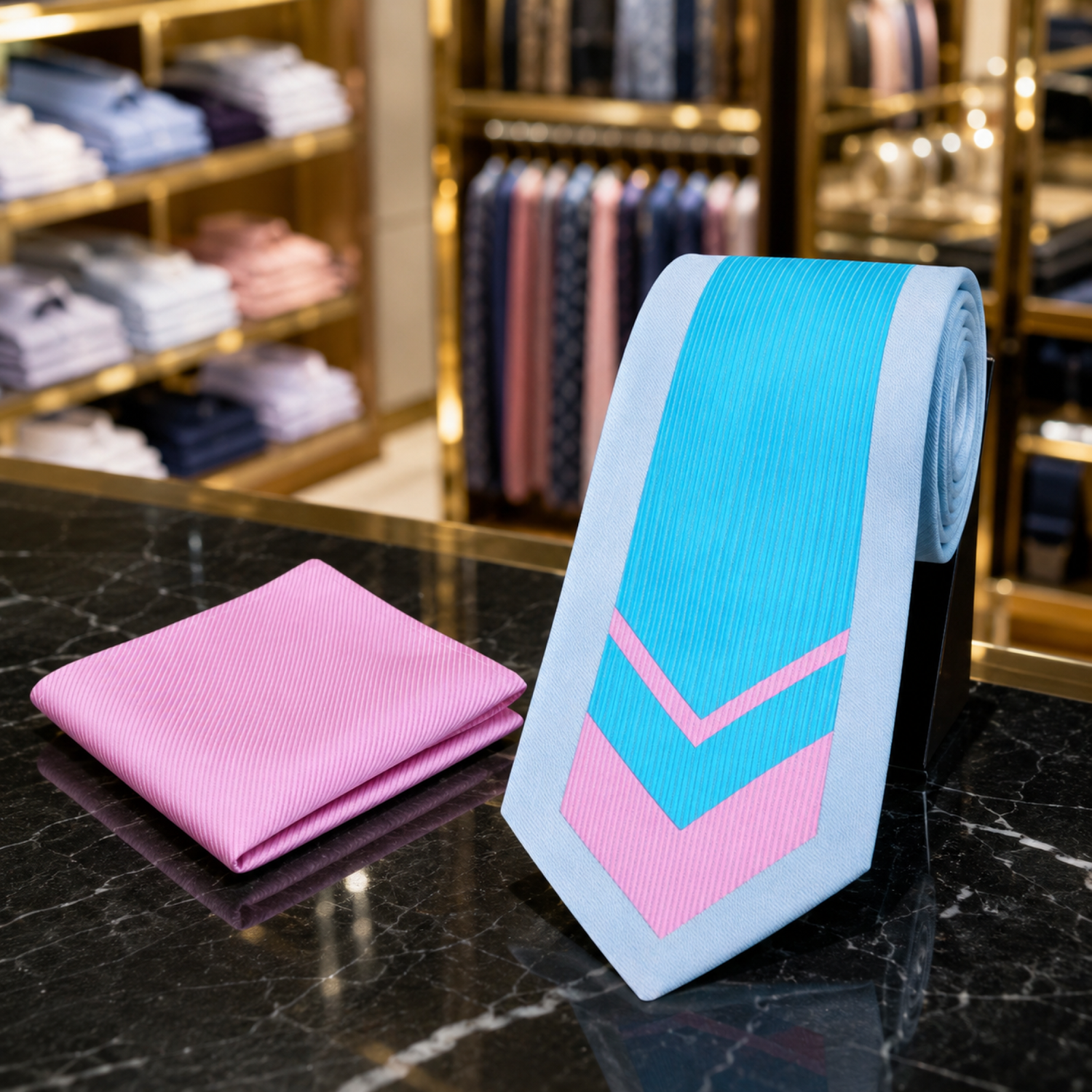 Abstract Chevron Necktie in Blue with Pink or Orange Accents