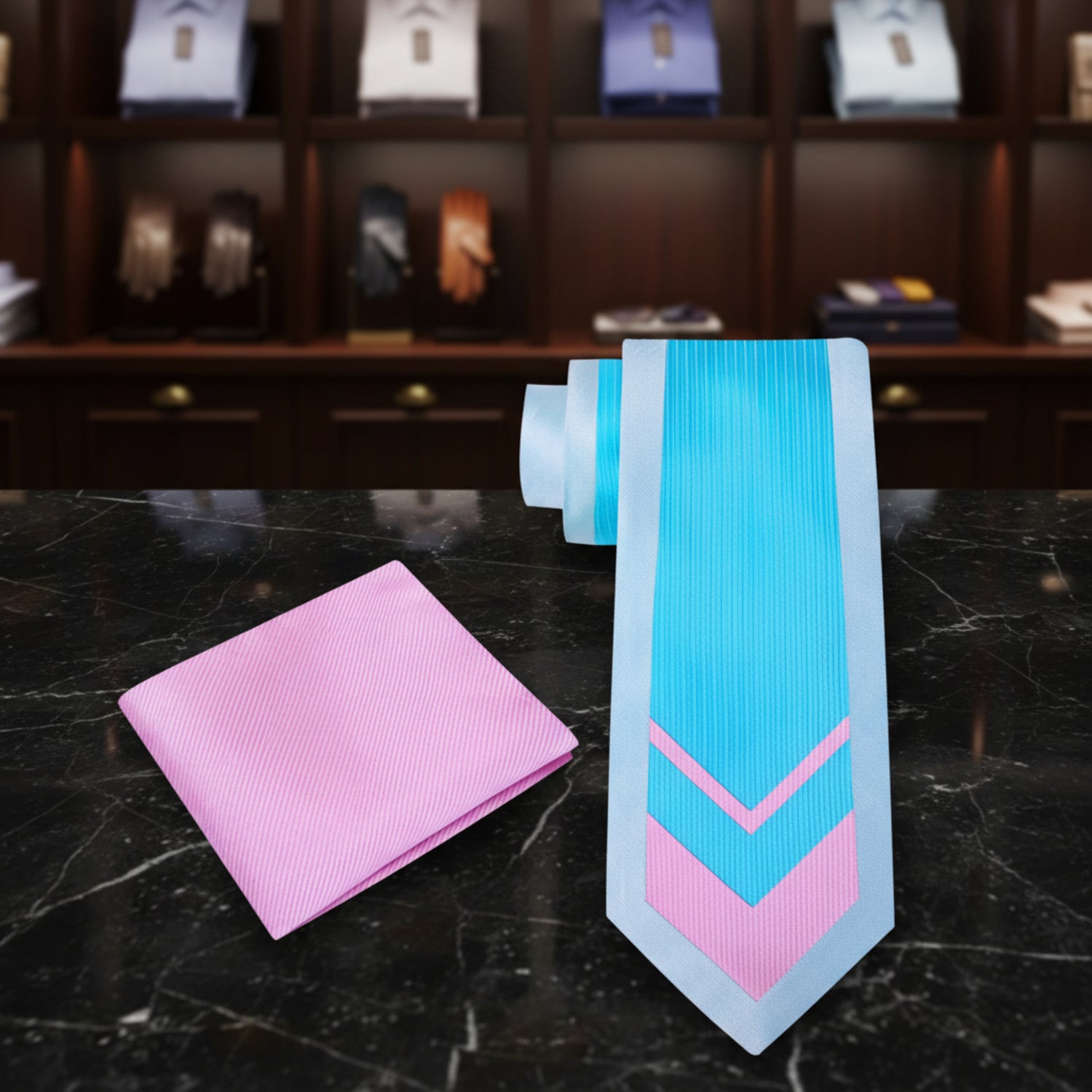 Abstract Chevron Necktie in Blue with Pink or Orange Accents