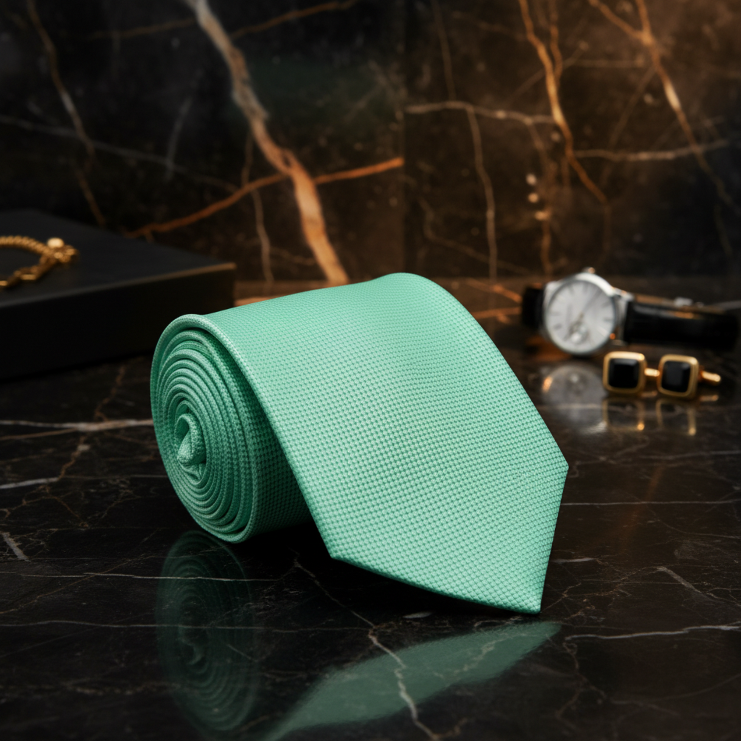 A solid green necktie with a subtle texture, displayed on a patterned background with flowers.