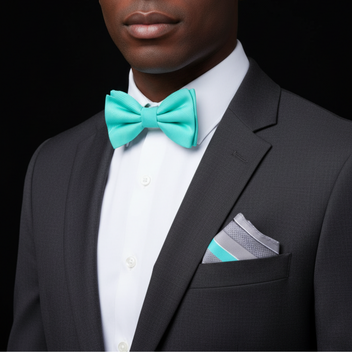 Solid mint bow tie and accenting square on man with suit