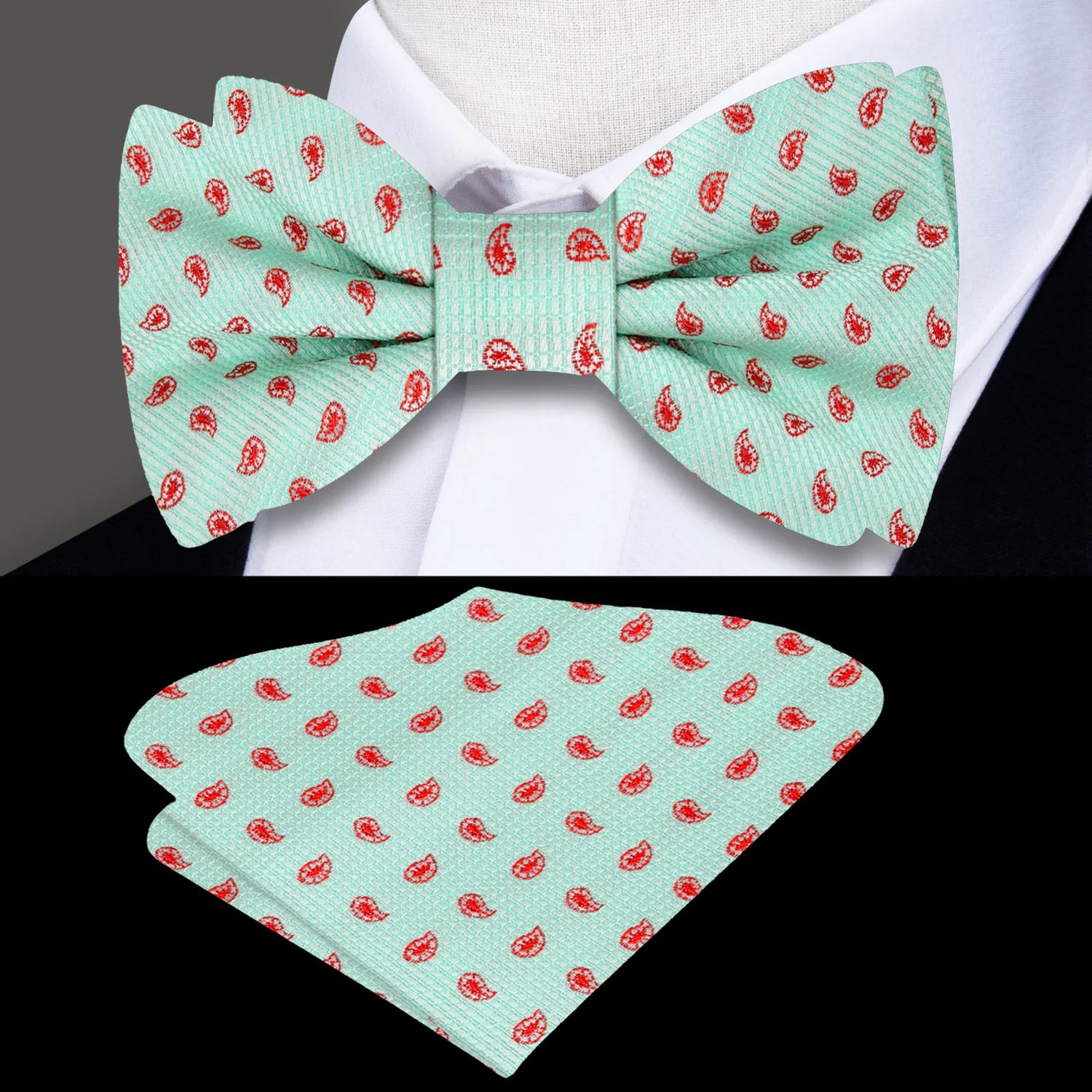 Mint and red paisley bow tie and square