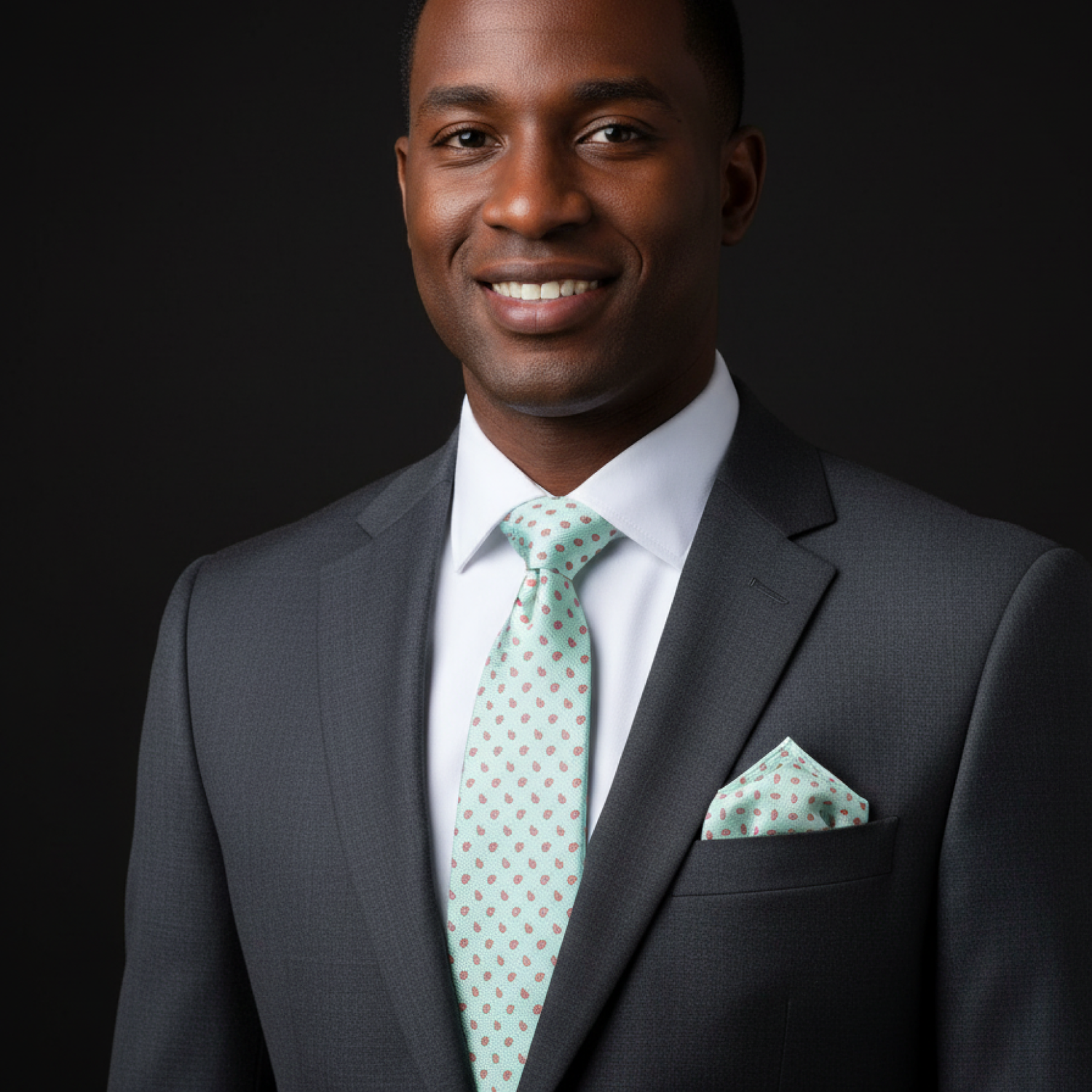 Man wearing a gray suit with a green tie and pocket square on a black background