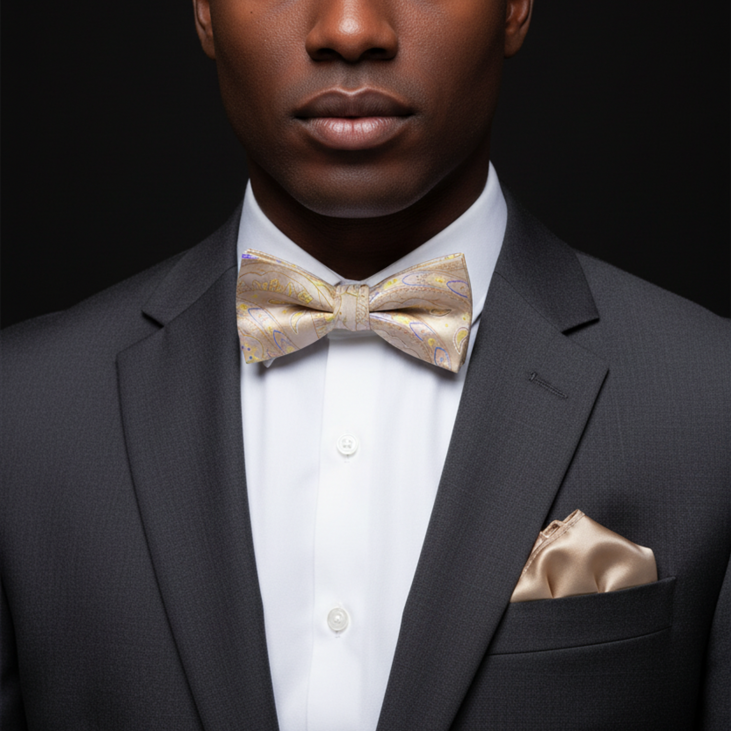 Man wearing a black suit with a white shirt and gold bow tie against a dark background