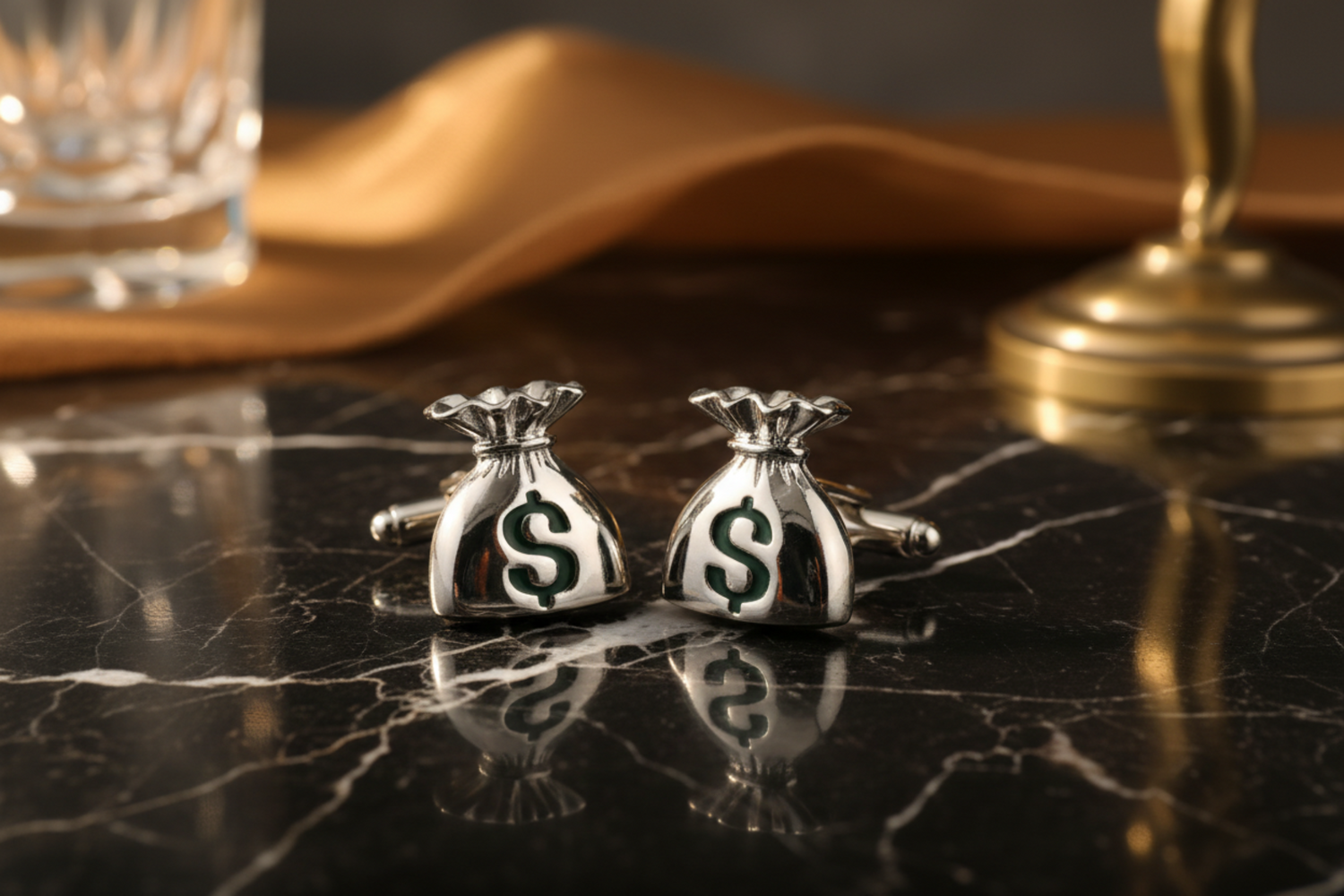 a chrome with green dollar sign cufflinks